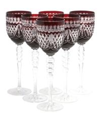A Set of Six Bohemian Ruby Cut to Clear Glass Goblets. Height 9 3/4 inches.