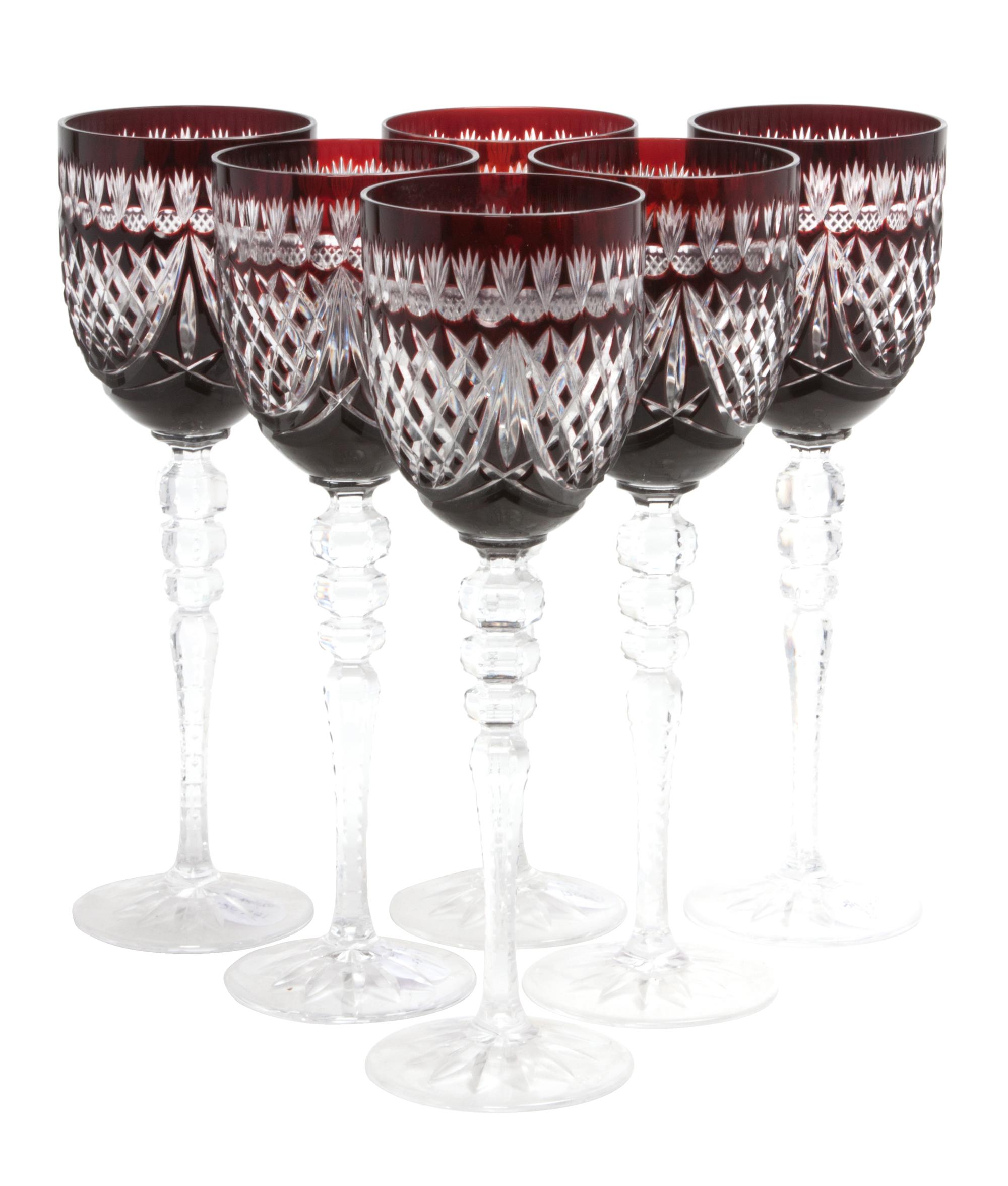 A Set of Six Bohemian Ruby Cut to Clear Glass Goblets. Height 9 3/4 inches.