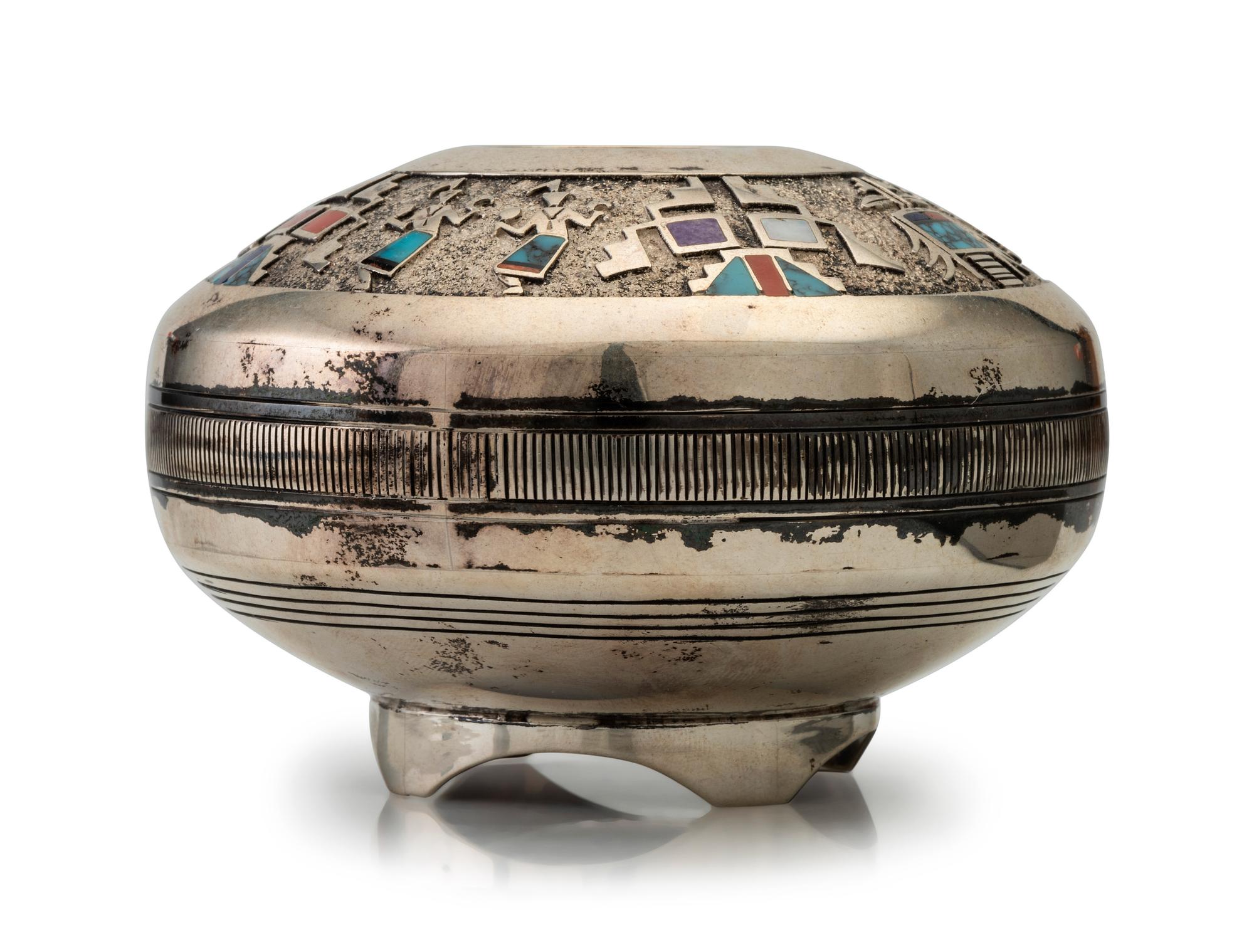 Navajo Sterling Silver Seed Jar, with Inlay