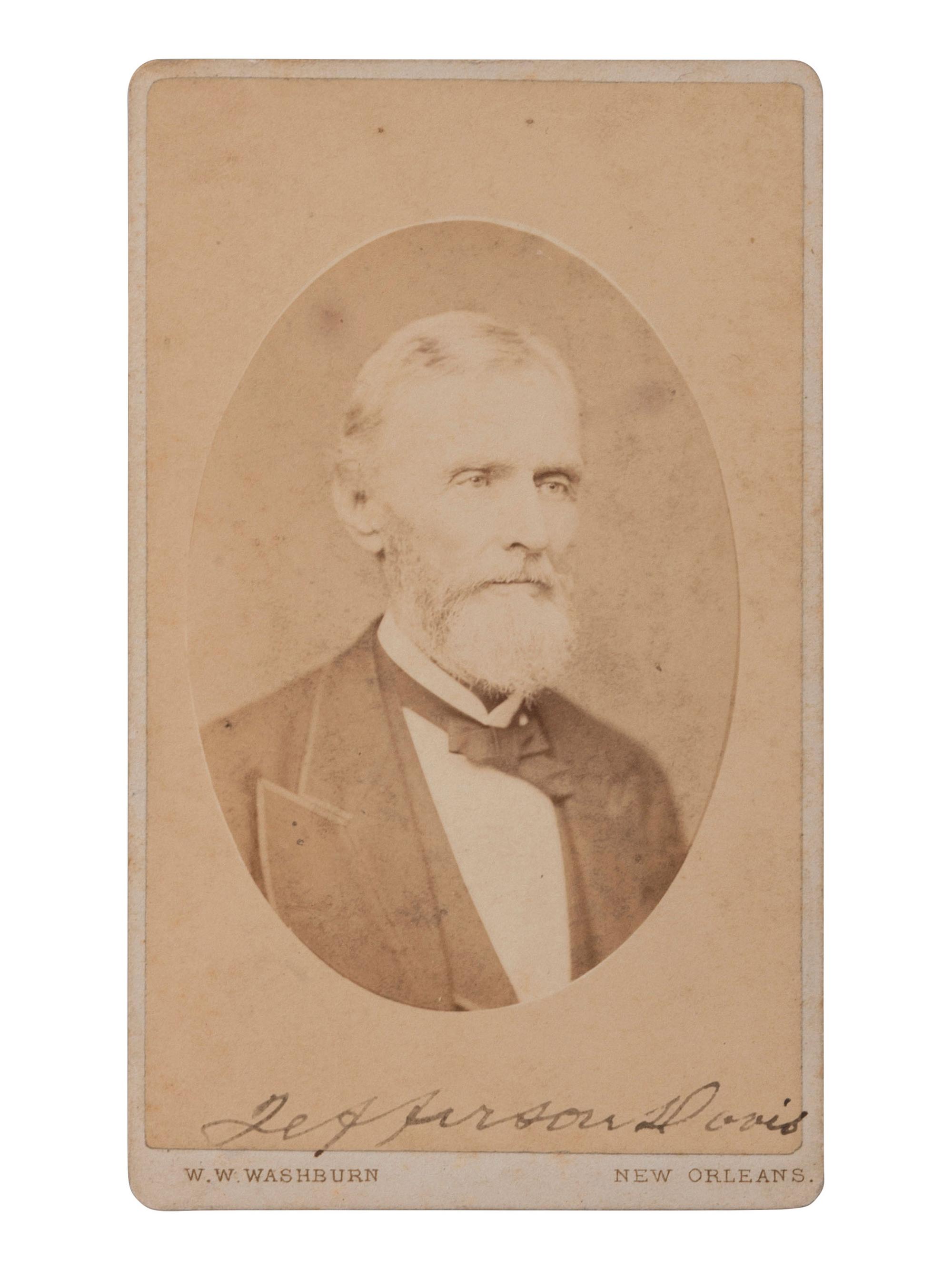 [CIVIL WAR]. DAVIS, Jefferson (1808-1889). Signed CDV of the aged former CSA President. New Orleans, LA: W.W. Washburn, ca 1880s.