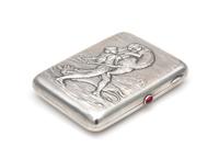 A Soviet-Era Russian Silver Cigarette Case, Maker's Mark Cyrillic AMYu4, Moscow, 20th Century, the lid worked to show a warrior battlin