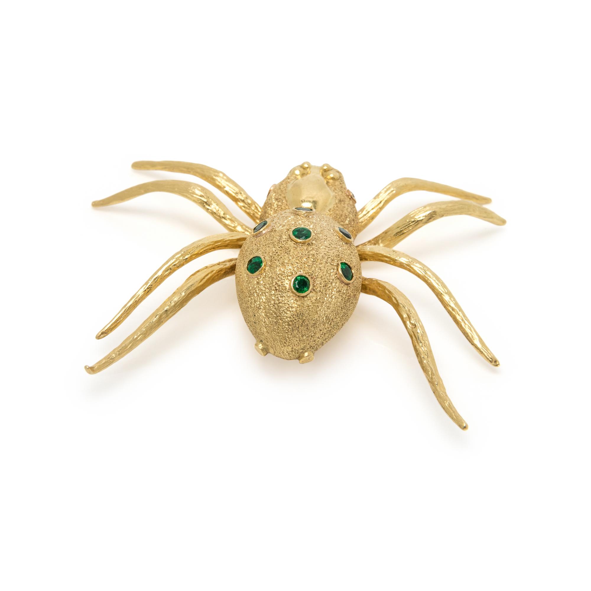 BORIS LEBEAU, YELLOW GOLD, DIAMOND AND EMERALD SPIDER BROOCH