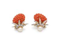 CULTURED PEARL, DIAMOND AND CORAL EARCLIPS