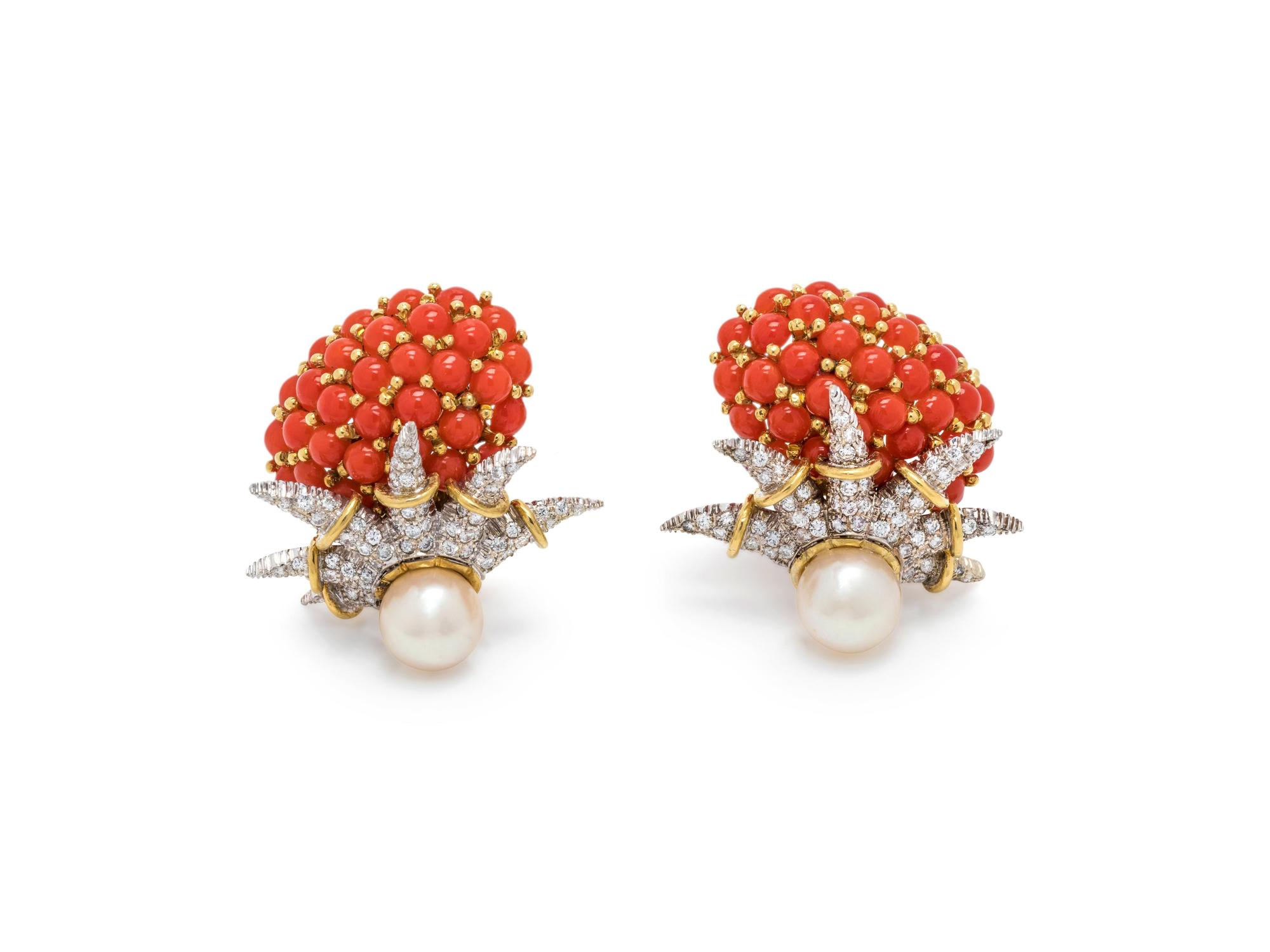 CULTURED PEARL, DIAMOND AND CORAL EARCLIPS
