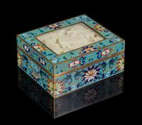 A Jade Inset Cloisonne Enamel Box and Cover Height 1 7/8 x width 4 1/2 x depth 3 3/4 inches.