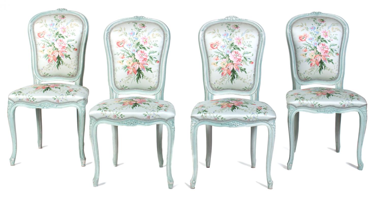 A Group of Louis XV Style White-Painted Dining Furniture Height of table 28 x diameter 48 inches. — 20TH CENTURY