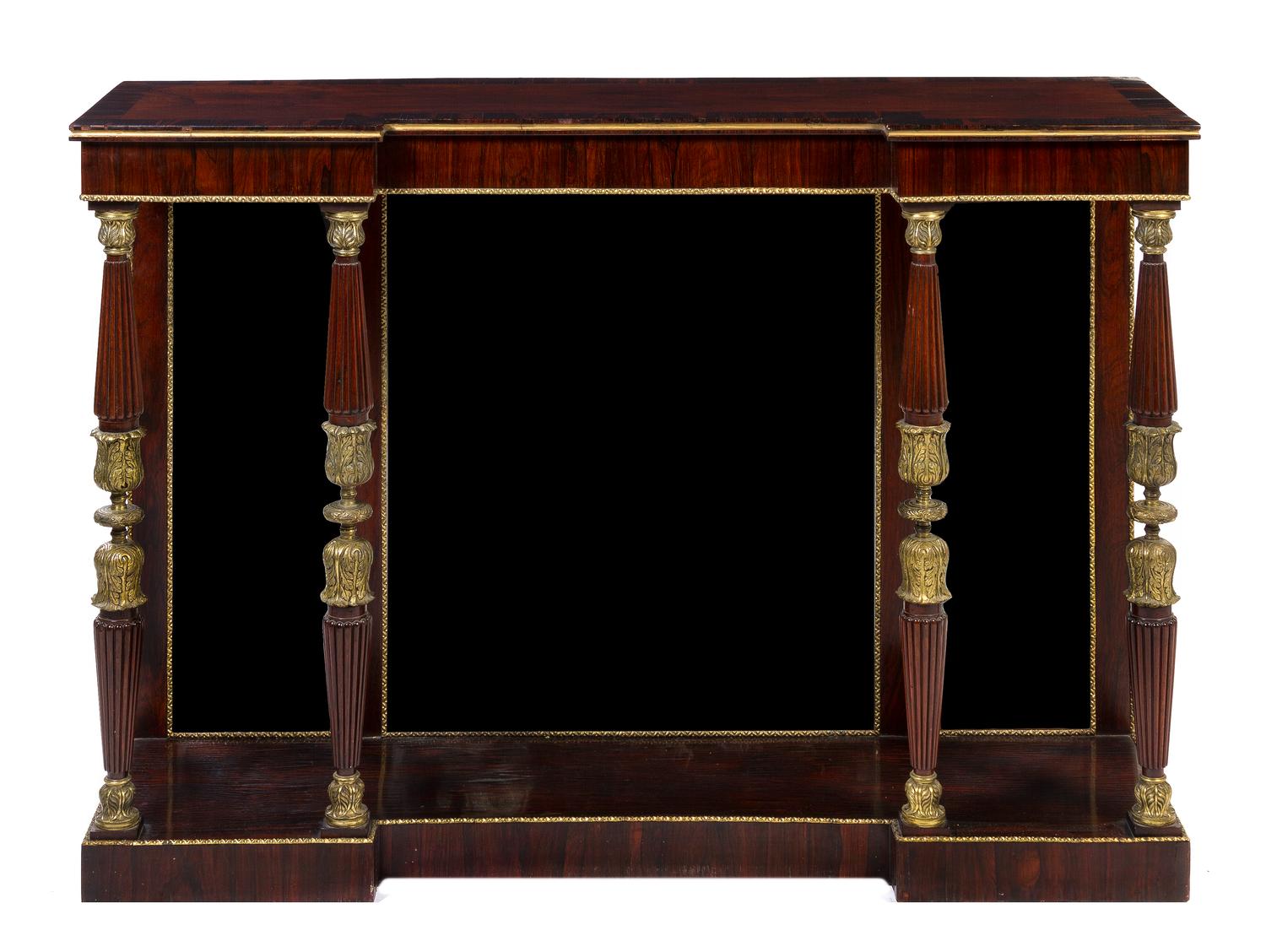 A Regency Gilt Bronze Mounted Rosewood Console Table, Height 37 1/2 x width 54 x depth 15 3/4 inches.
