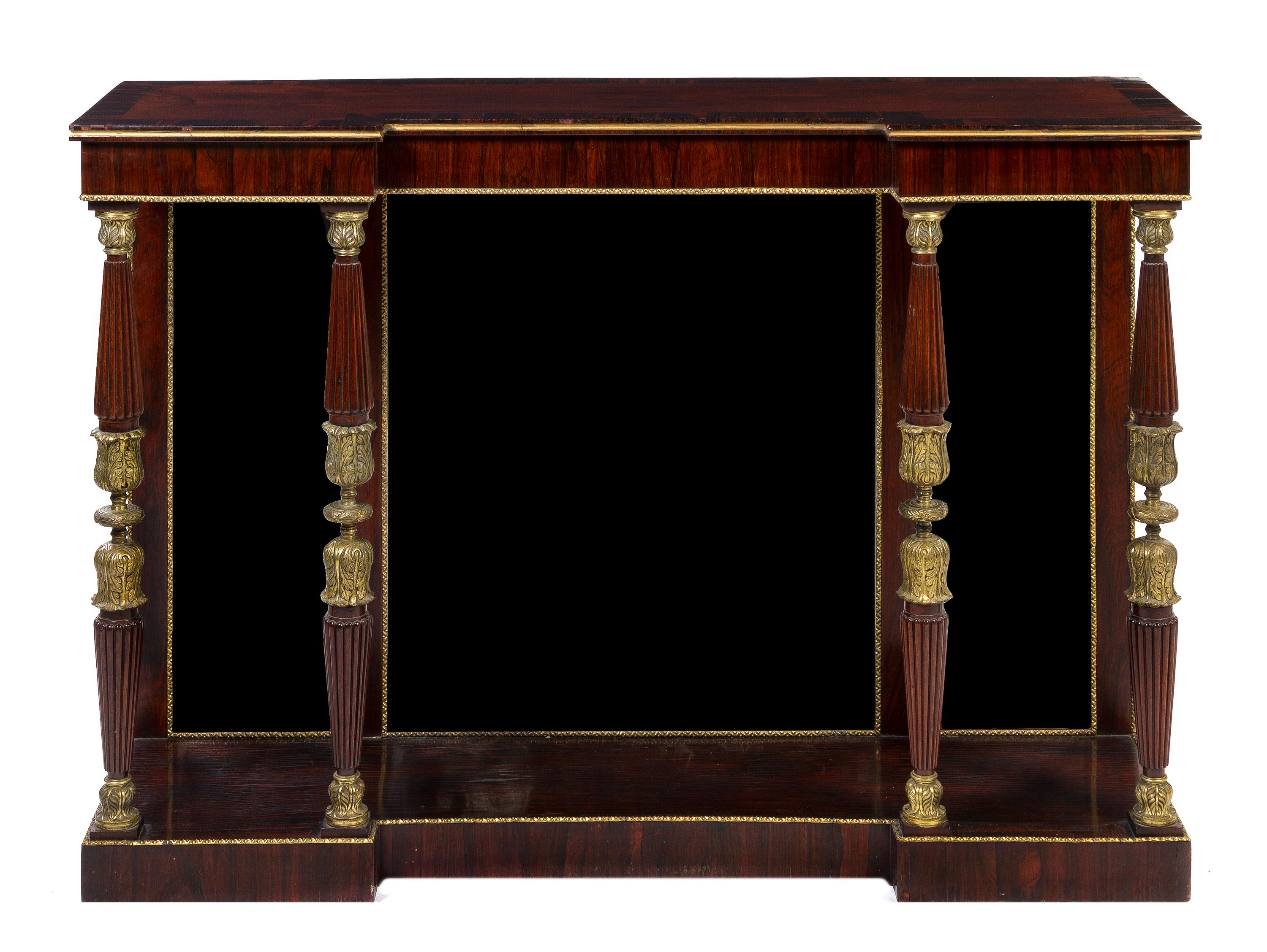 A Regency Gilt Bronze Mounted Rosewood Console Table, Height 37 1/2 x width 54 x depth 15 3/4 inches.