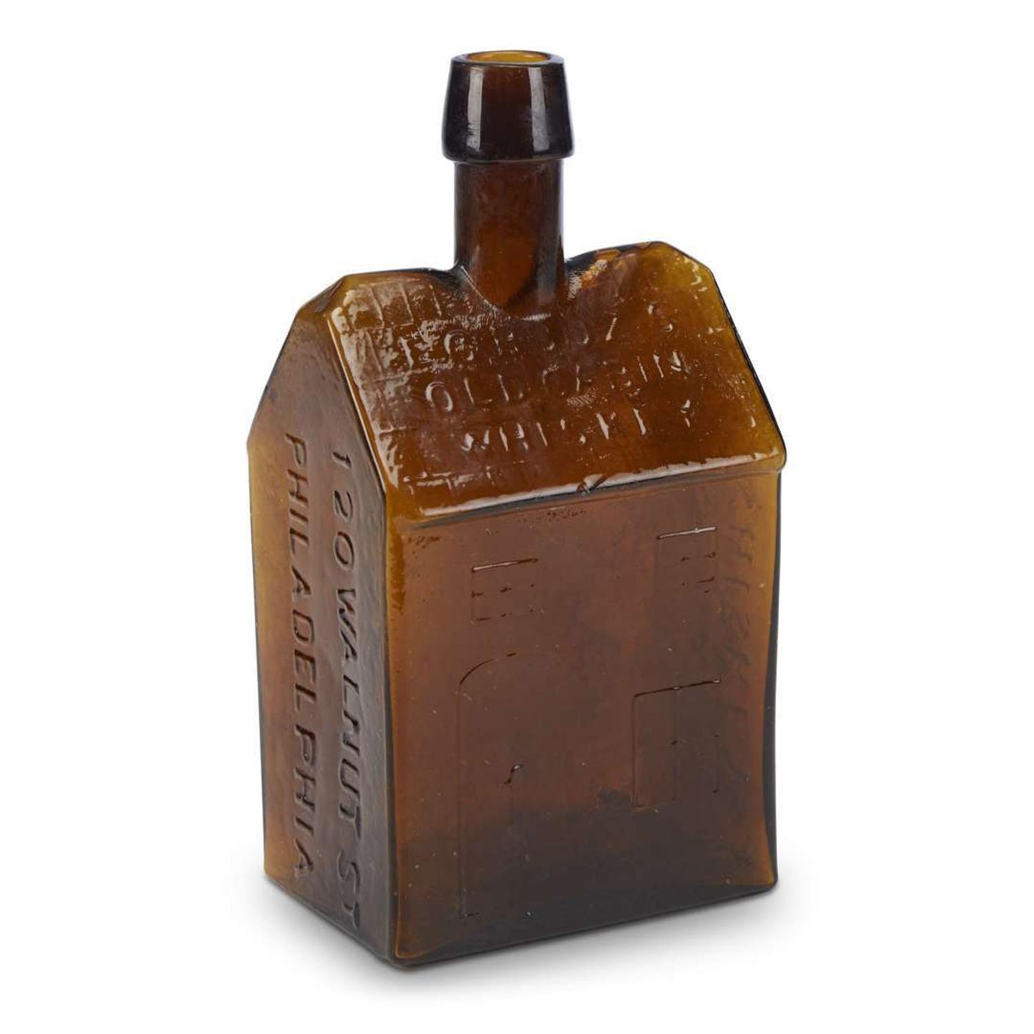 Mold-blown "E.G. Booz's Old Cabin Whiskey" bottle Whitney Glass Works, Glassboro, NJ, 1860-1870