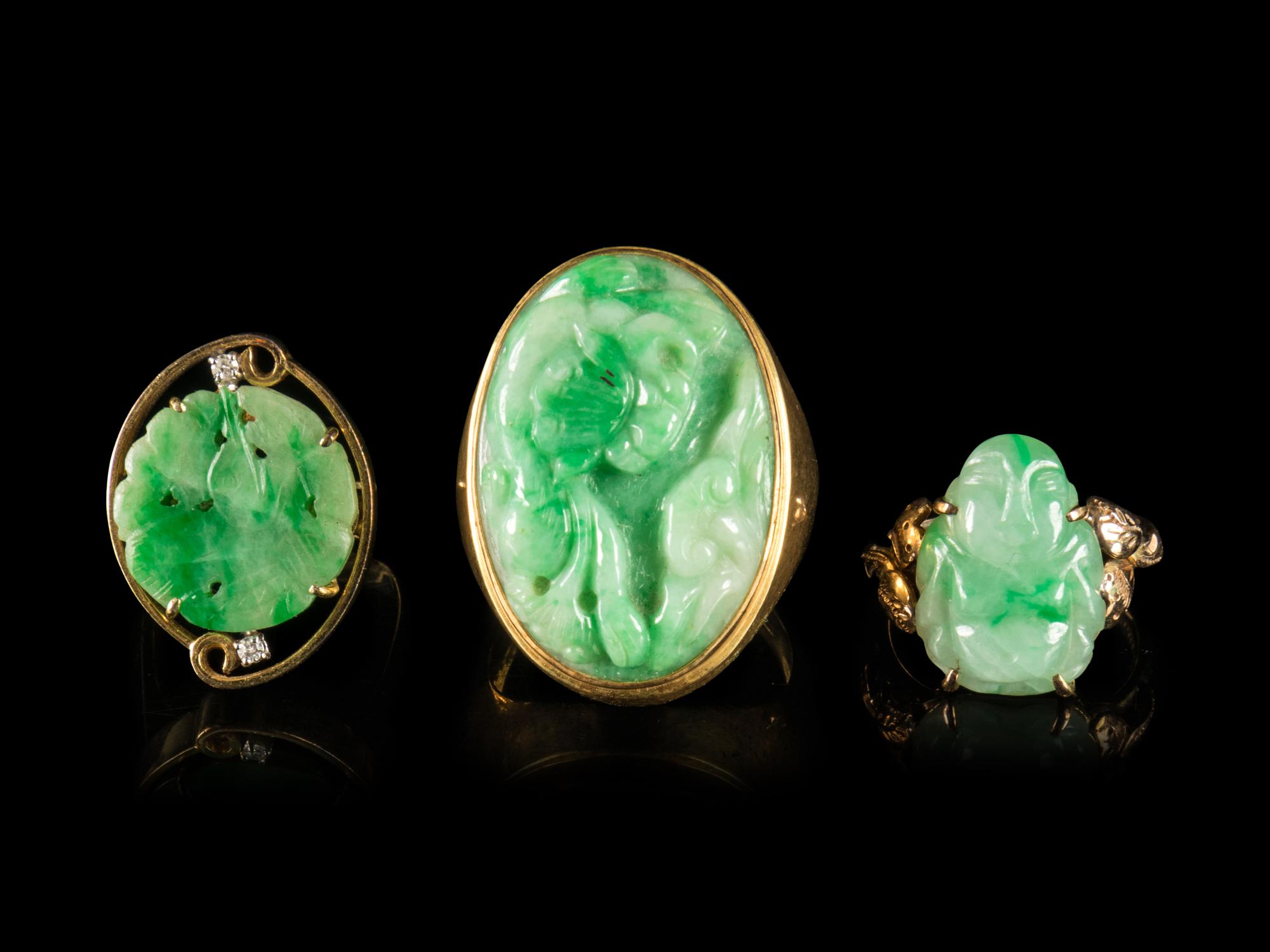 Three Jadeite Inset Gold Rings