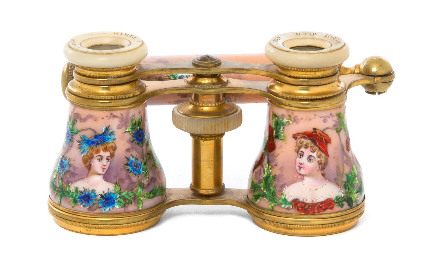 A Pair of French Enameled Opera Glasses, Chavance & Co., Width 4 inches.