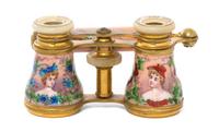 A Pair of French Enameled Opera Glasses, Chavance & Co., Width 4 inches.