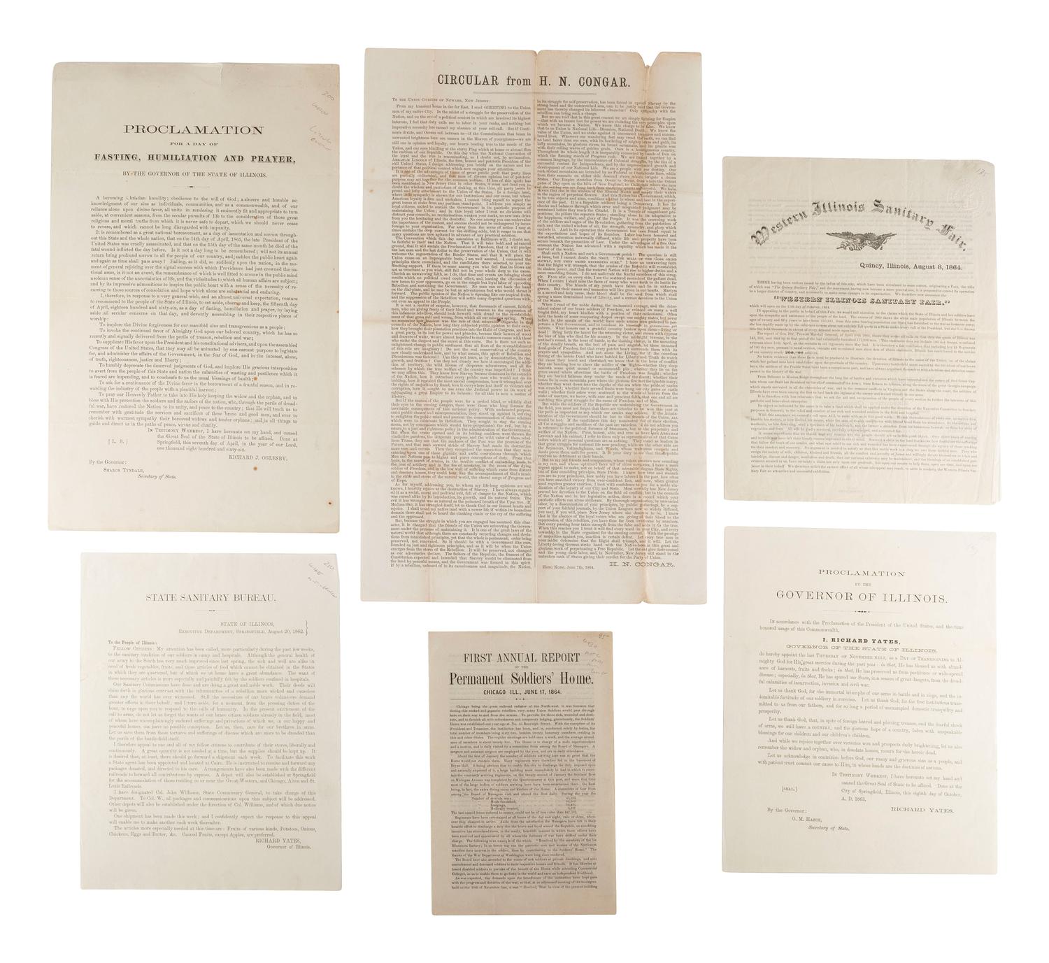 [CIVIL WAR]. A group of imprints and broadsides related to the Illinois war effort, including Sanitary Fairs, Soldiers' Homes, and proclamations for fasting and prayer.