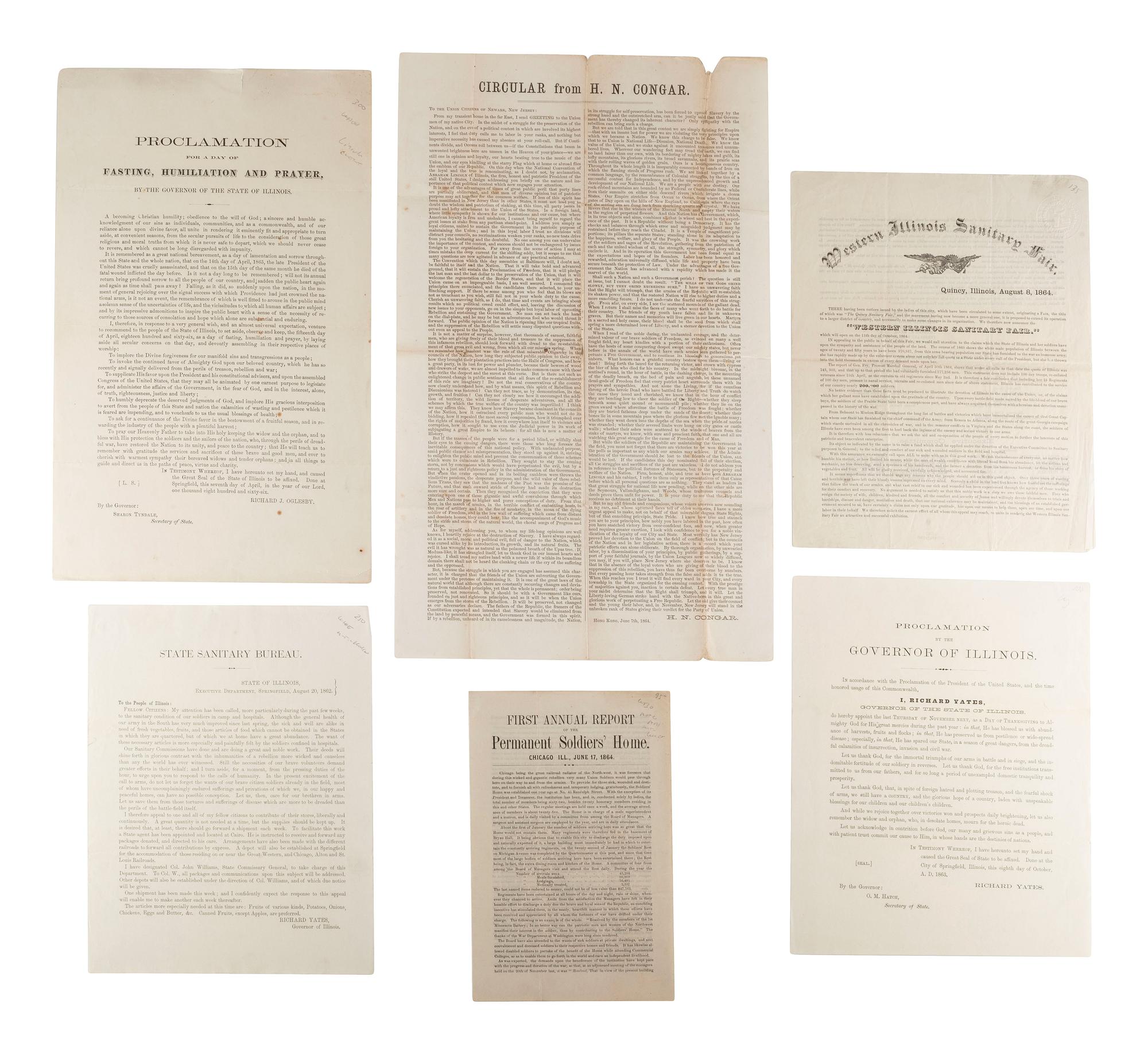 [CIVIL WAR]. A group of imprints and broadsides related to the Illinois war effort, including Sanitary Fairs, Soldiers' Homes, and proclamations for fasting and prayer.