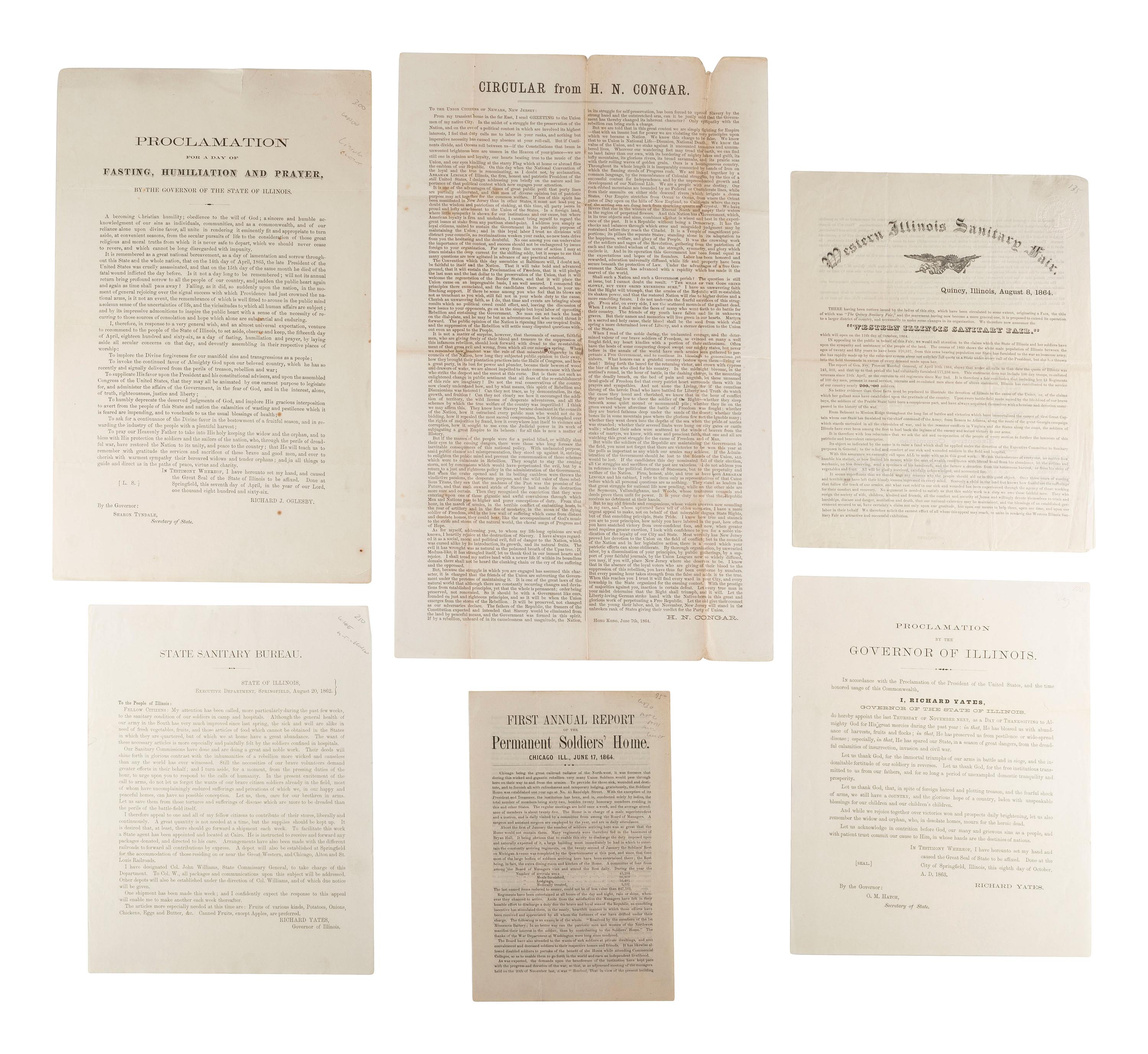 [CIVIL WAR]. A group of imprints and broadsides related to the Illinois war effort, including Sanitary Fairs, Soldiers' Homes, and proclamations for fasting and prayer.