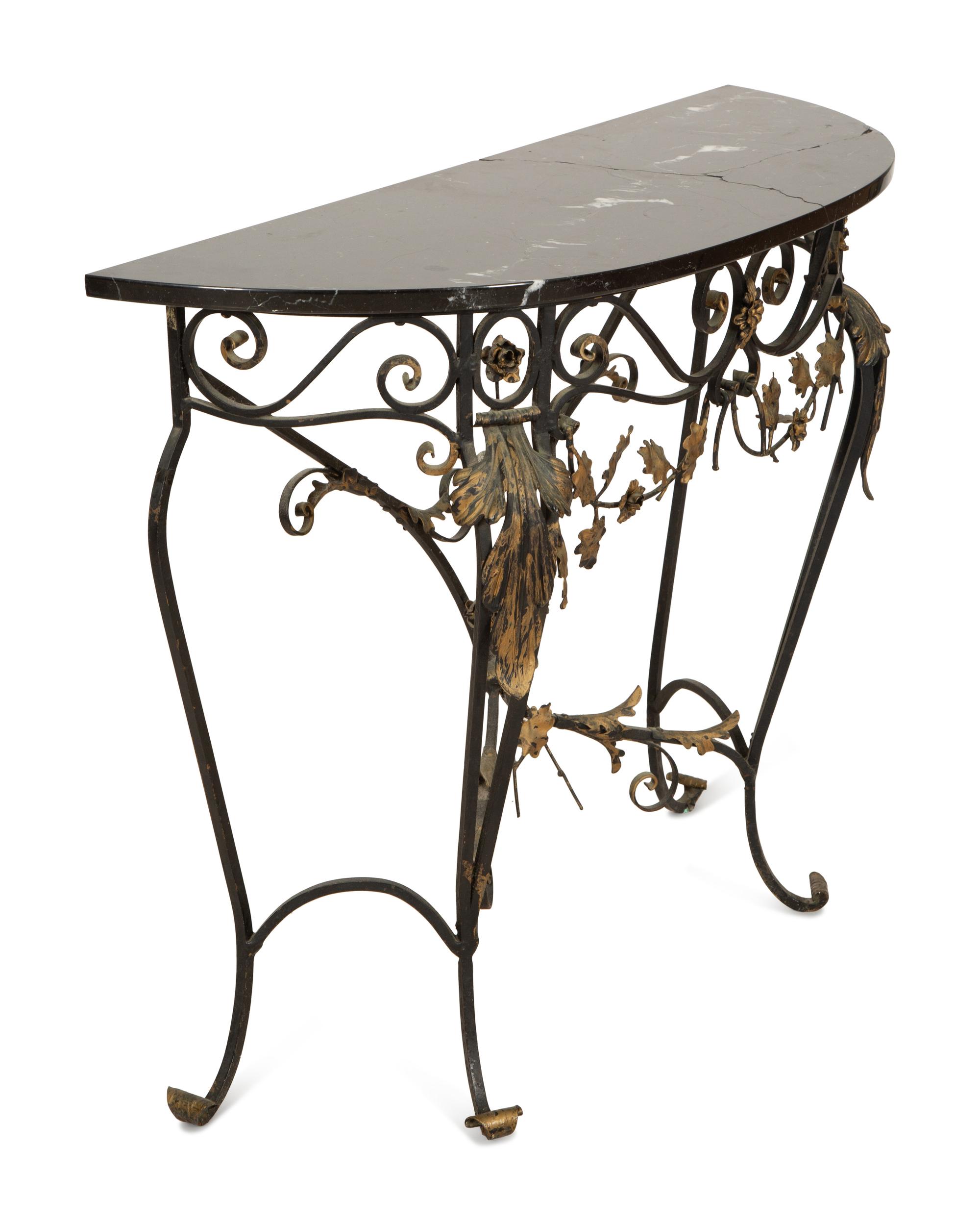 A Parcel Gilt Wrought Iron Marble-Top Console Table