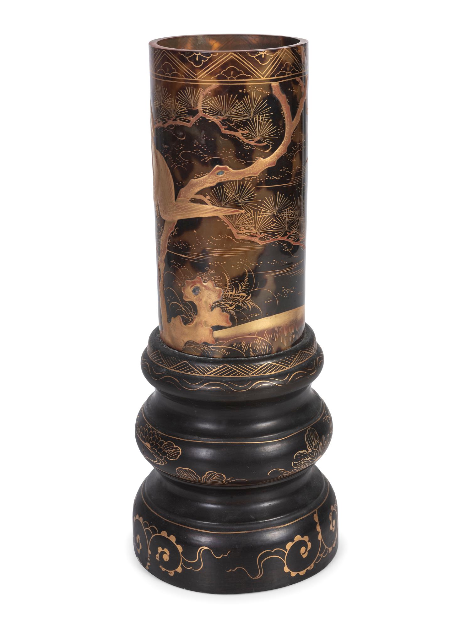A Japanese Lacquer Brush Pot on Stand