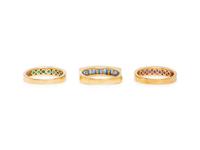COLLECTION OF THREE RUBY, EMERALD, SAPPHIRE, AND YELLOW GOLD RINGS