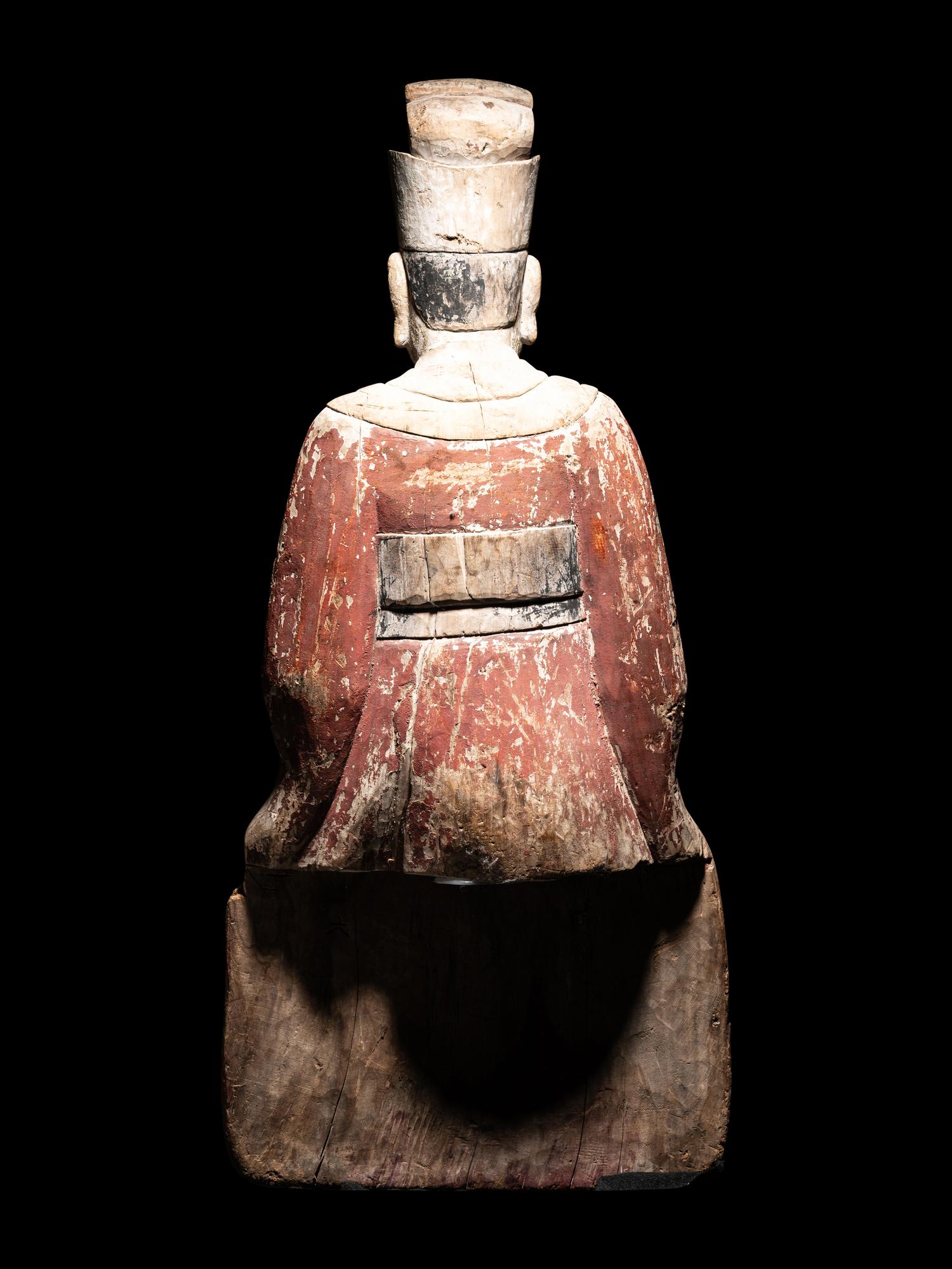 Two Large Carved Wood Figures of Seated Daoist Immortals