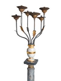 An Italian Giltwood, Grey-Painted and Faux Marble Six-Light Candelabrum
