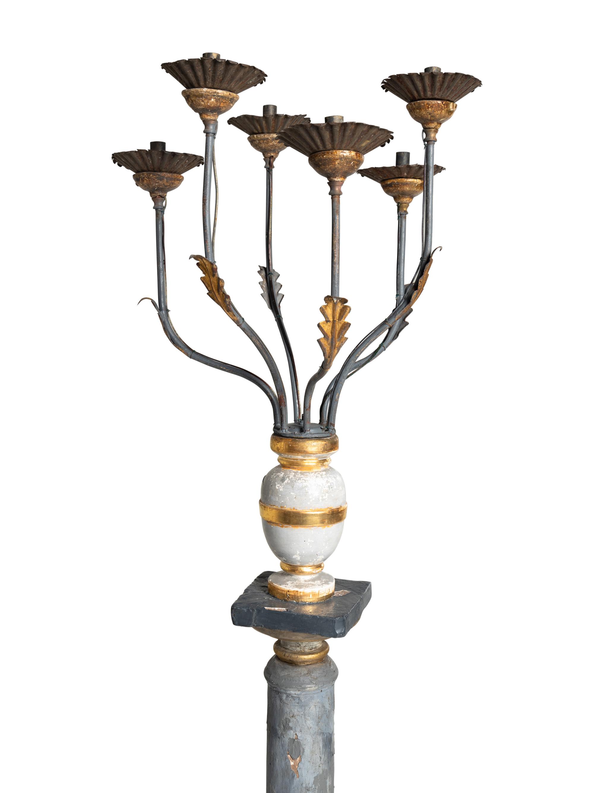 An Italian Giltwood, Grey-Painted and Faux Marble Six-Light Candelabrum