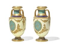 A Pair of English Gilt Decorated Porcelain Urns