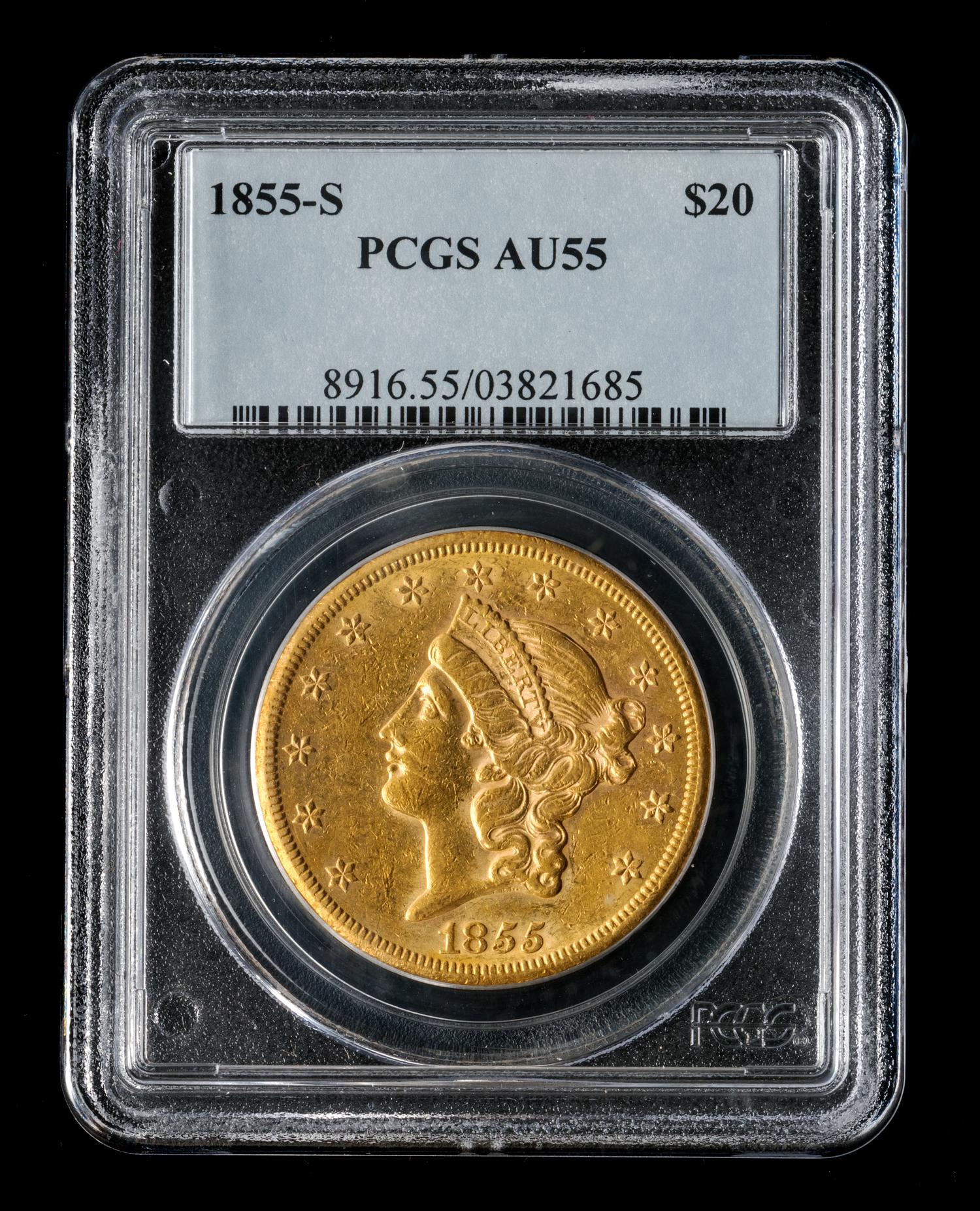 A United States 1855-S Liberty Head $20 Gold Coin