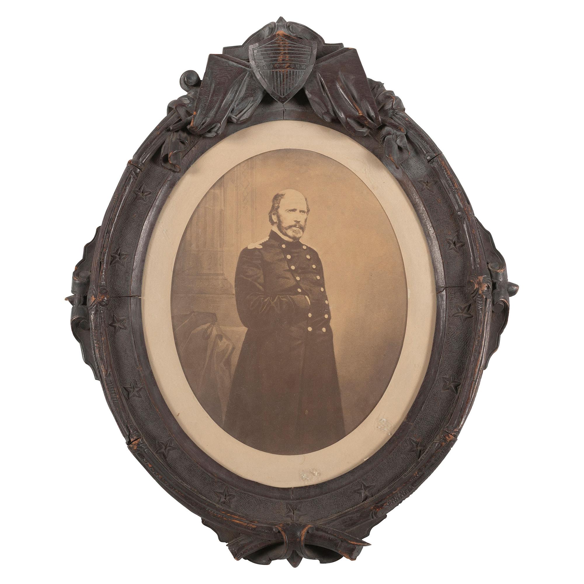 [Civil War] Group of Four Large Photographs of Civil War Officers, incl. One Patriotic Folk Art Frame.