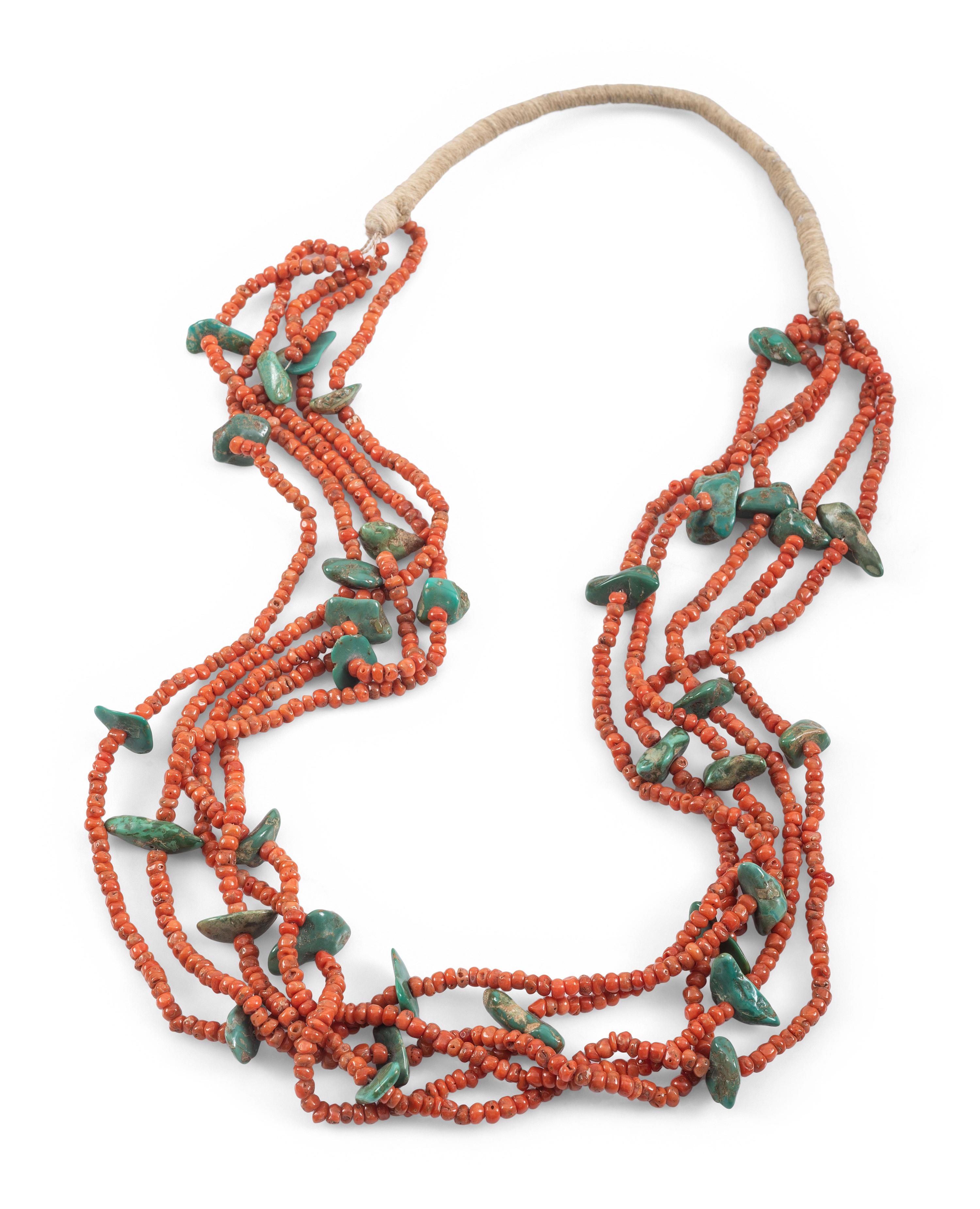 Navajo or Pueblo Five-strand Coral and Turquoise Necklace