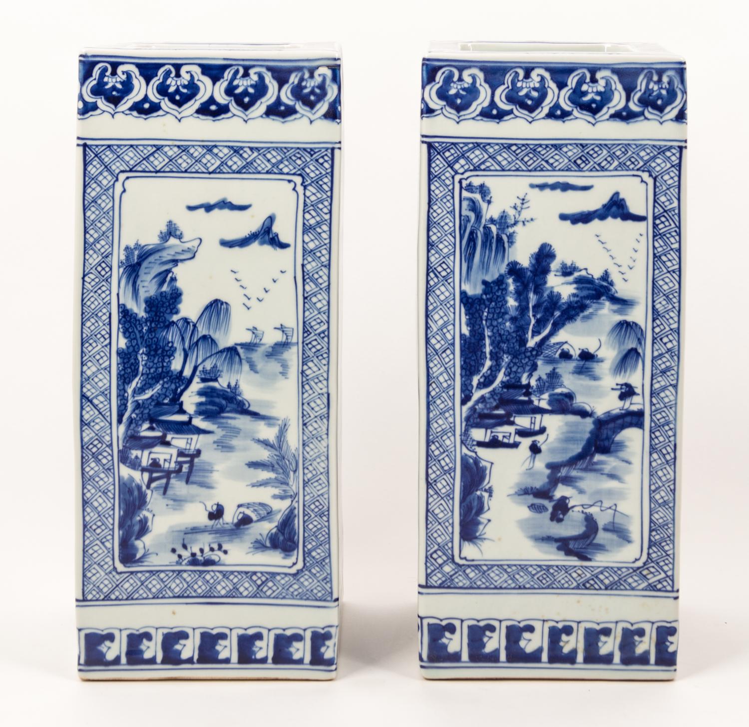 A Pair of Chinese Blue and White Porcelain Vases Height 14 inches. — 20TH CENTURY