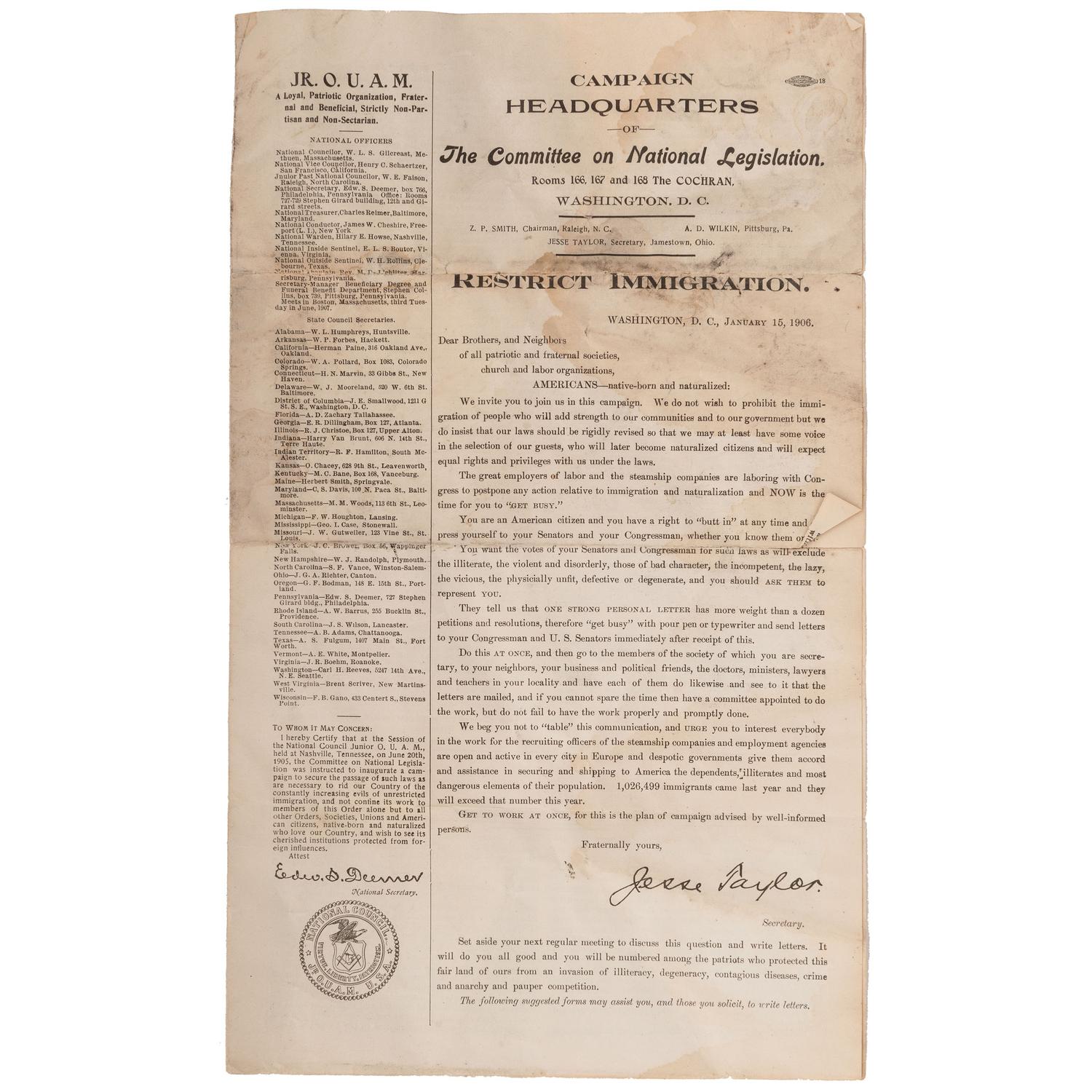[TEMPERANCE] -- [POLITICS]. A group of 5 items, incl. pro-prohibition and anti-immigration and fliers.