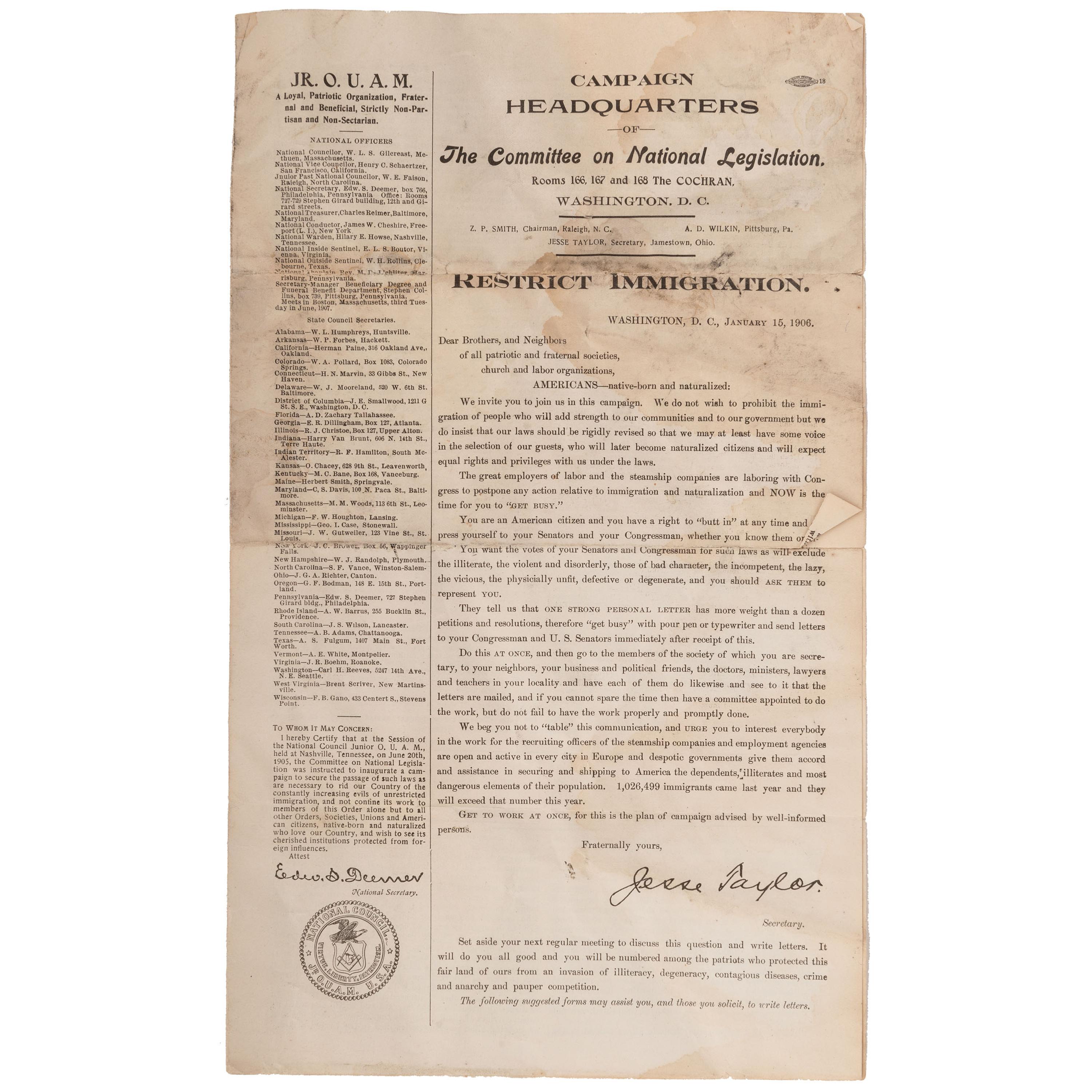 [TEMPERANCE] -- [POLITICS]. A group of 5 items, incl. pro-prohibition and anti-immigration and fliers.