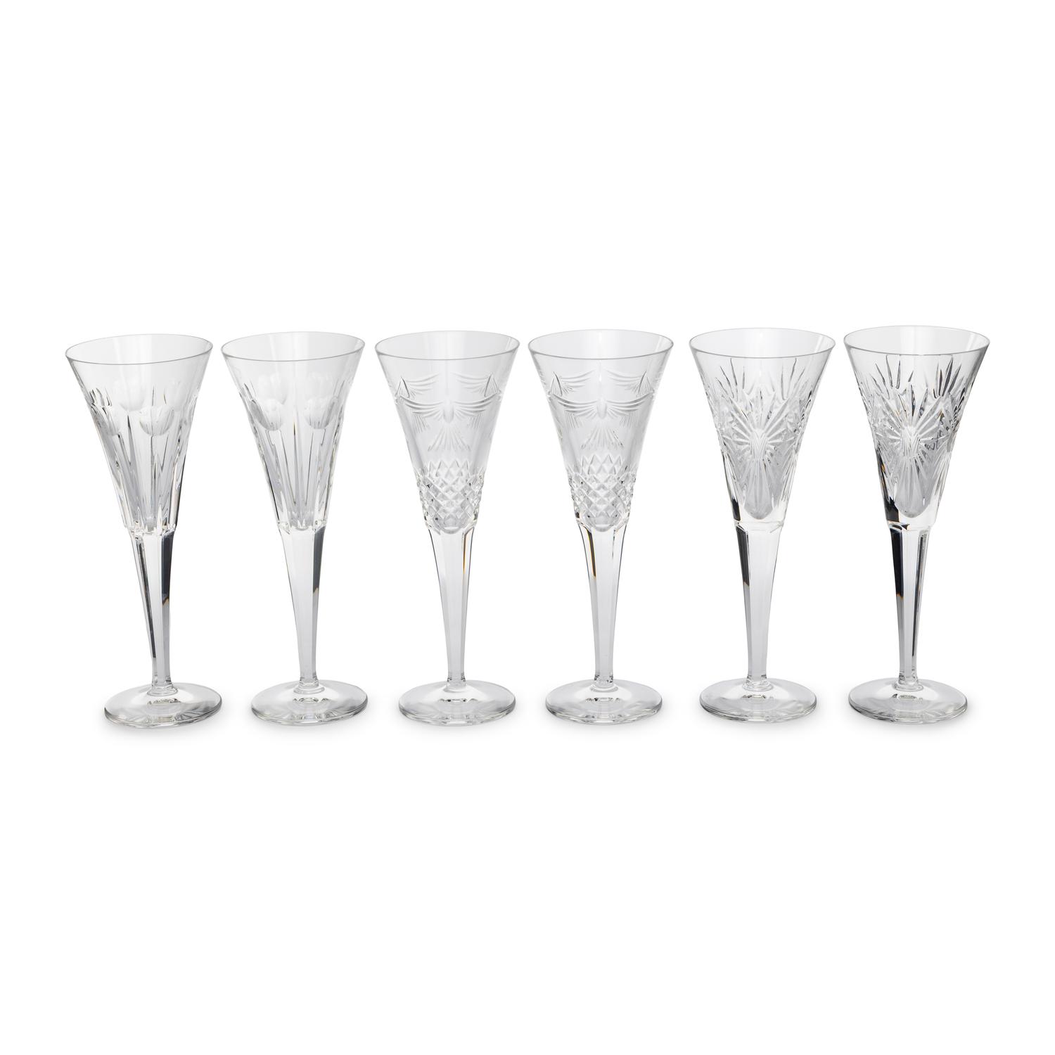 Six Waterford Cut Glass Champagne Flutes