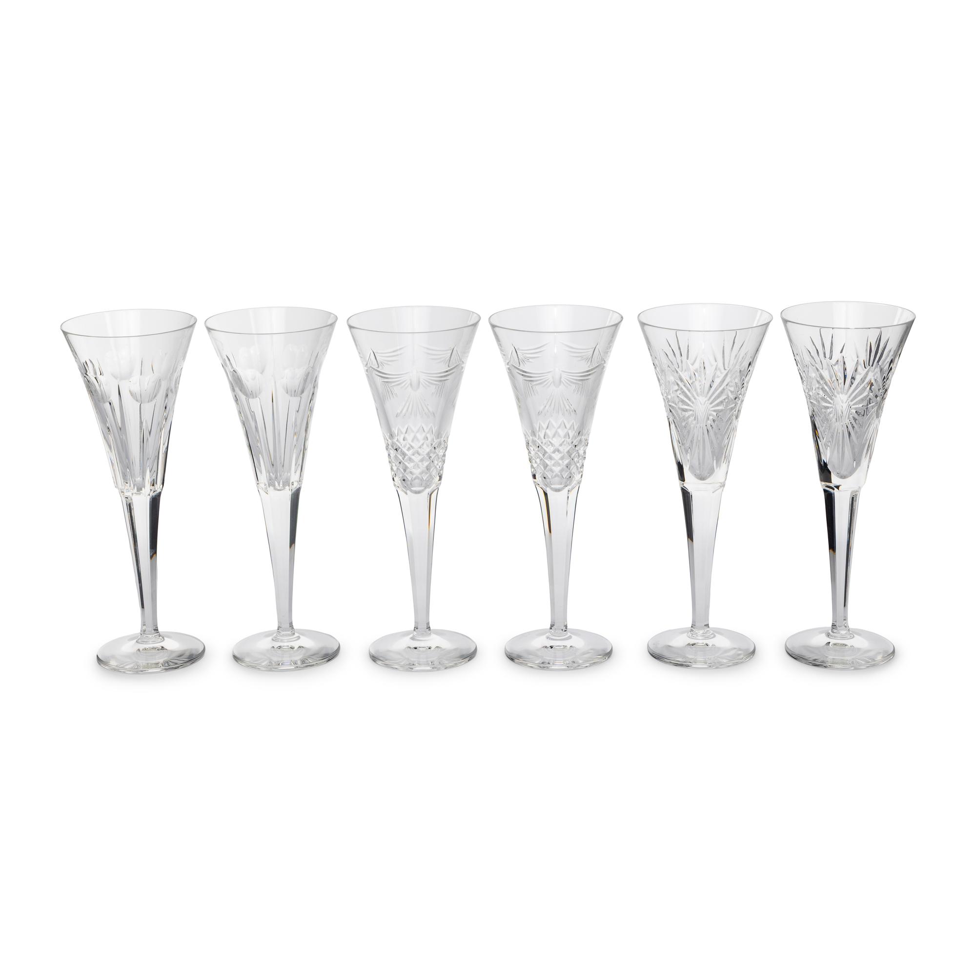 Six Waterford Cut Glass Champagne Flutes