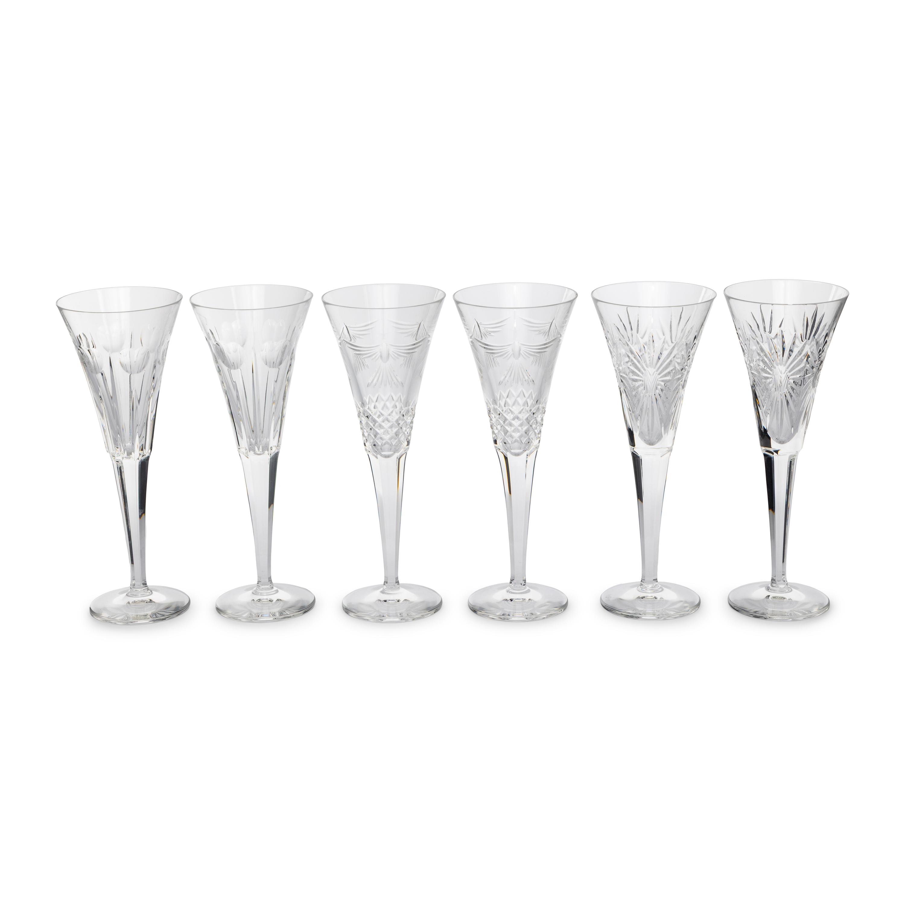 Six Waterford Cut Glass Champagne Flutes
