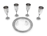 A Set of Four Asprey Silver Champagne Flutes and Tray