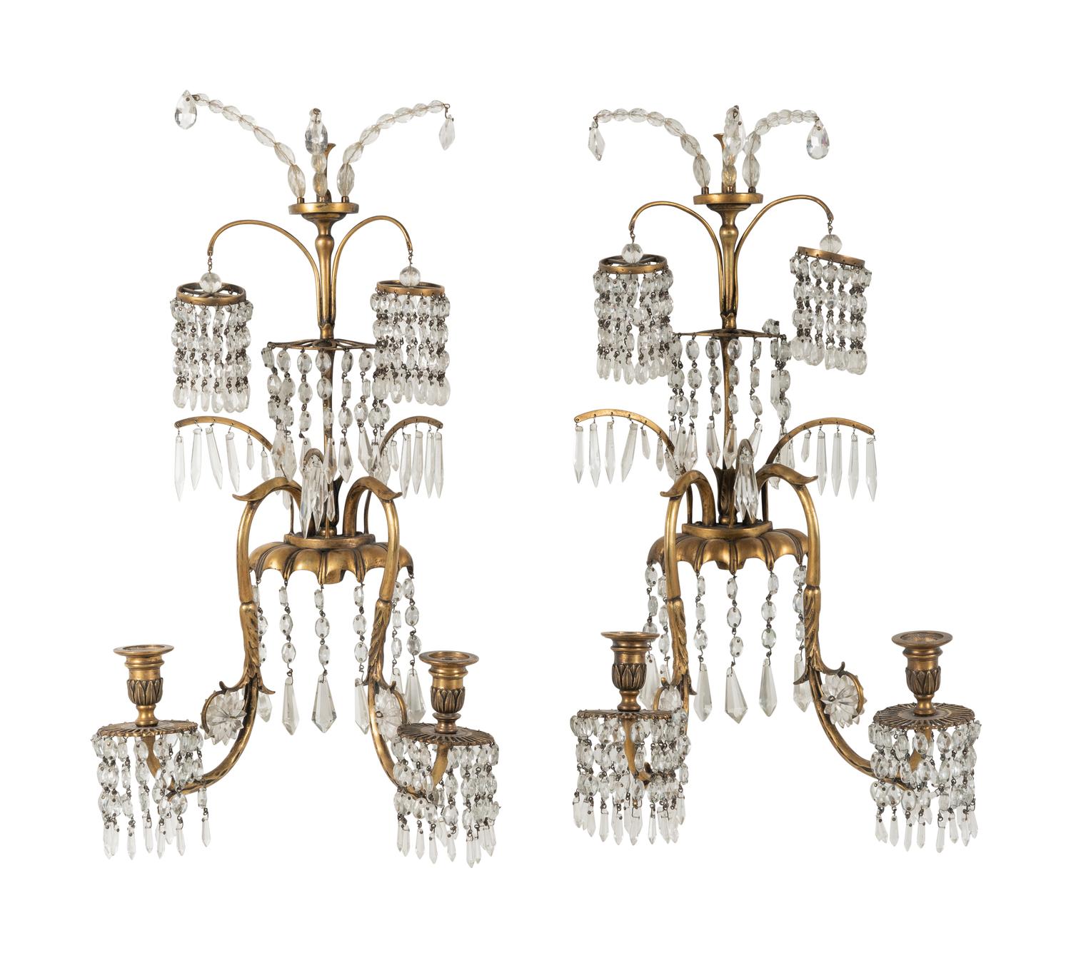 A Pair of Regency Style Gilt Metal and Glass Two-Light Sconces