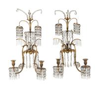 A Pair of Regency Style Gilt Metal and Glass Two-Light Sconces