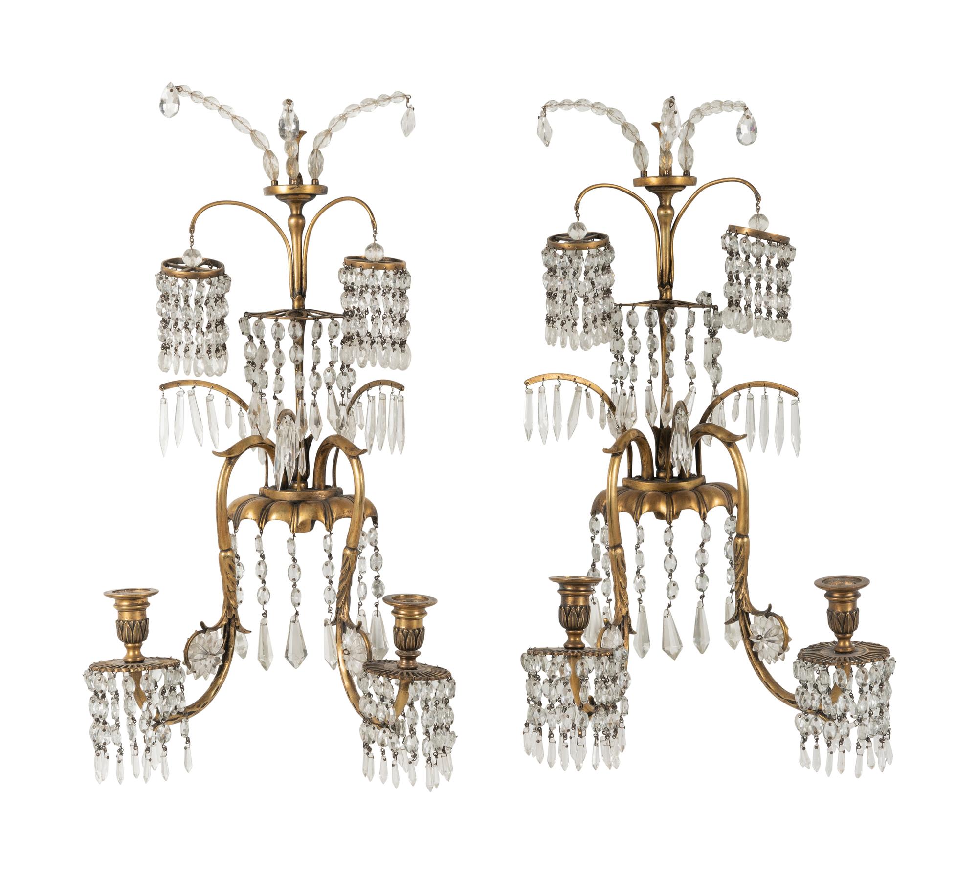 A Pair of Regency Style Gilt Metal and Glass Two-Light Sconces