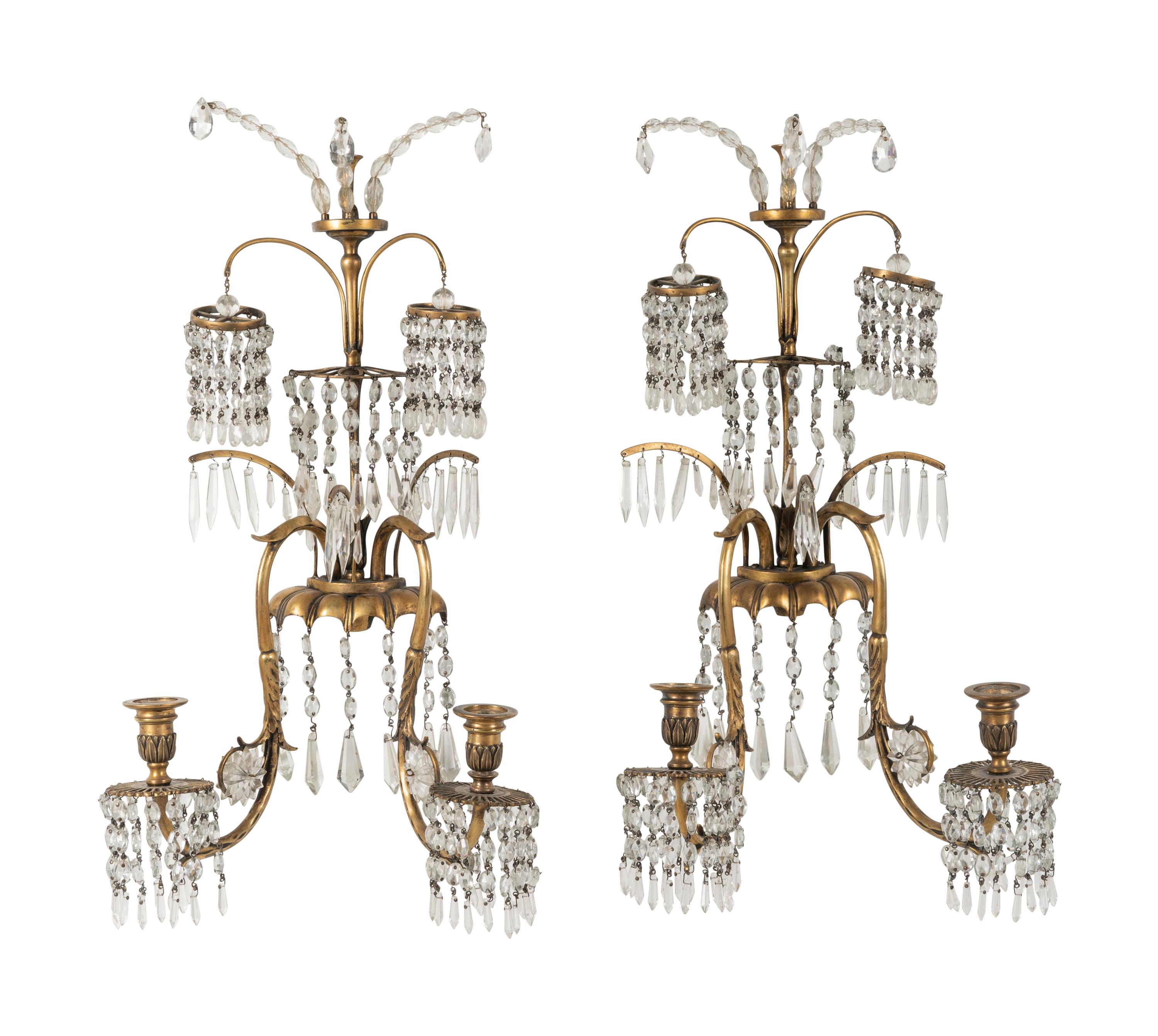 A Pair of Regency Style Gilt Metal and Glass Two-Light Sconces