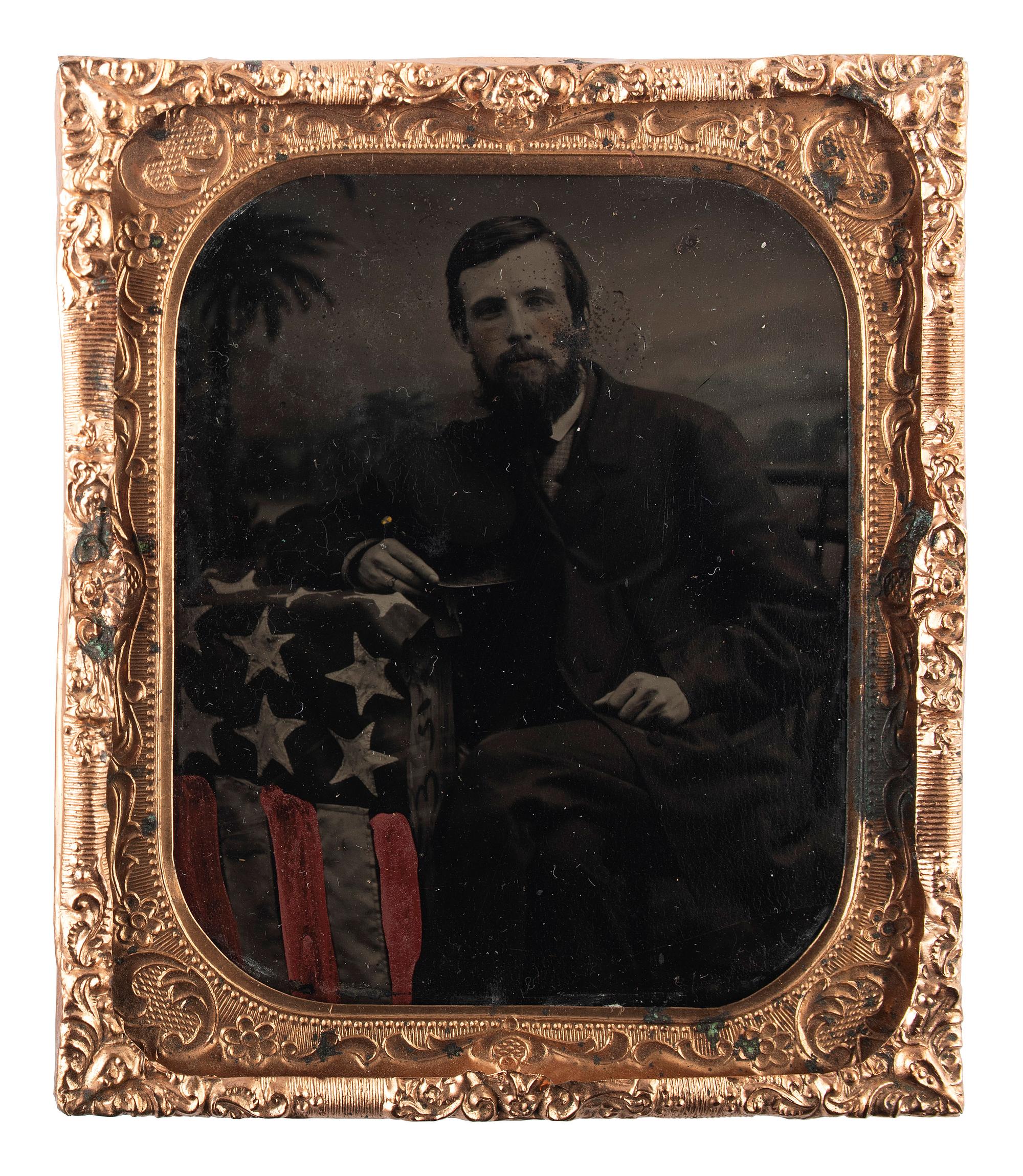 [CIVIL WAR] -- [AFRICAN AMERICANA]. Sixth plate tintype of Galen H. Osborne, Special Service, New York Herald , with partial letter referencing African American Robert Smalls' commandeering of the CSS Planter . May 1862.