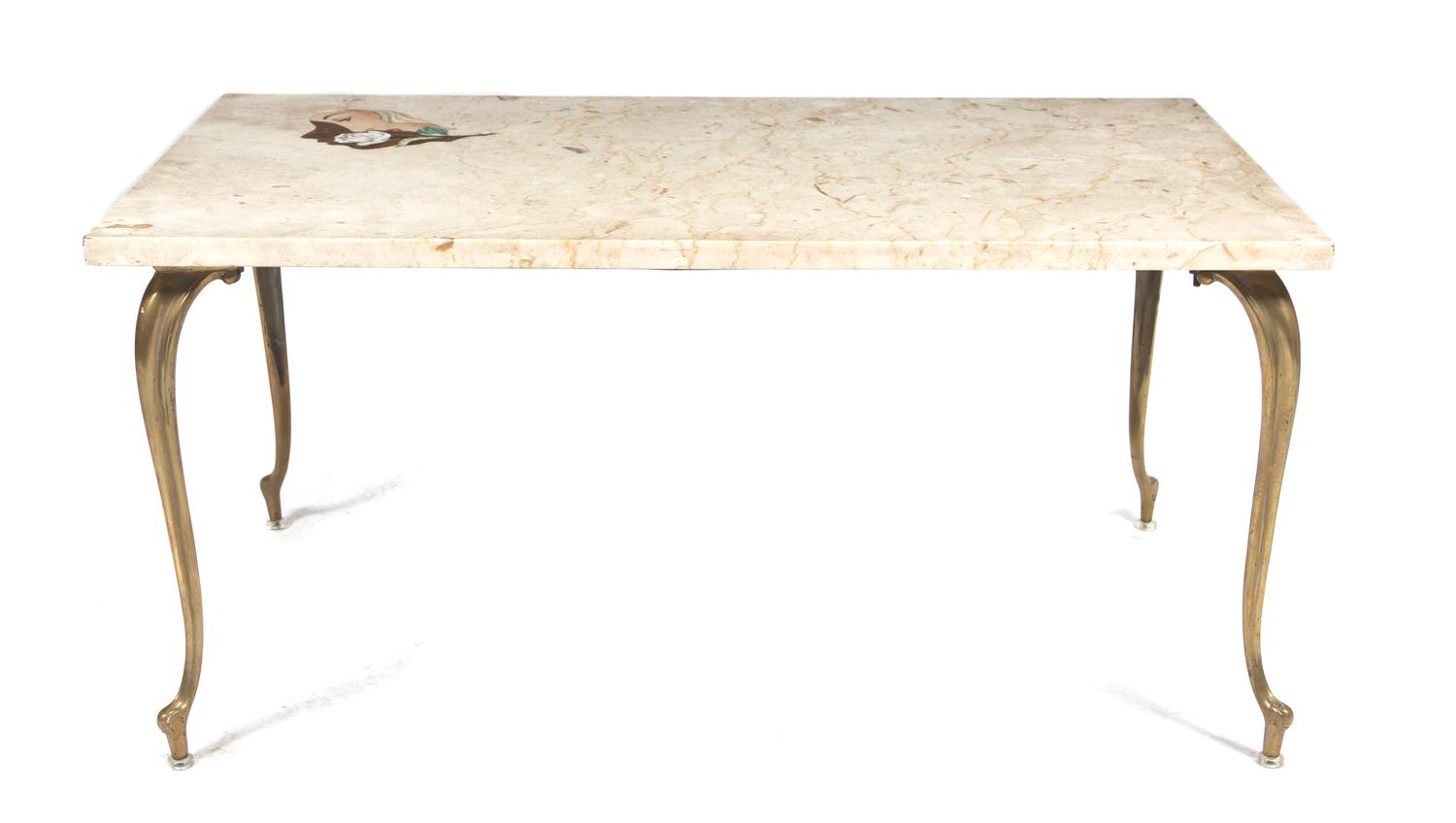 An Italian Brass and Inlaid Marble Low Table, Height 16 x width 33 3/4 x depth 19 5/8 inches.