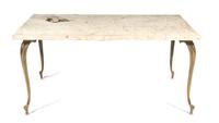 An Italian Brass and Inlaid Marble Low Table, Height 16 x width 33 3/4 x depth 19 5/8 inches.