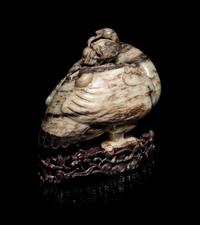 A Chinese Black and White Jade Duck-Form Box and Cover
