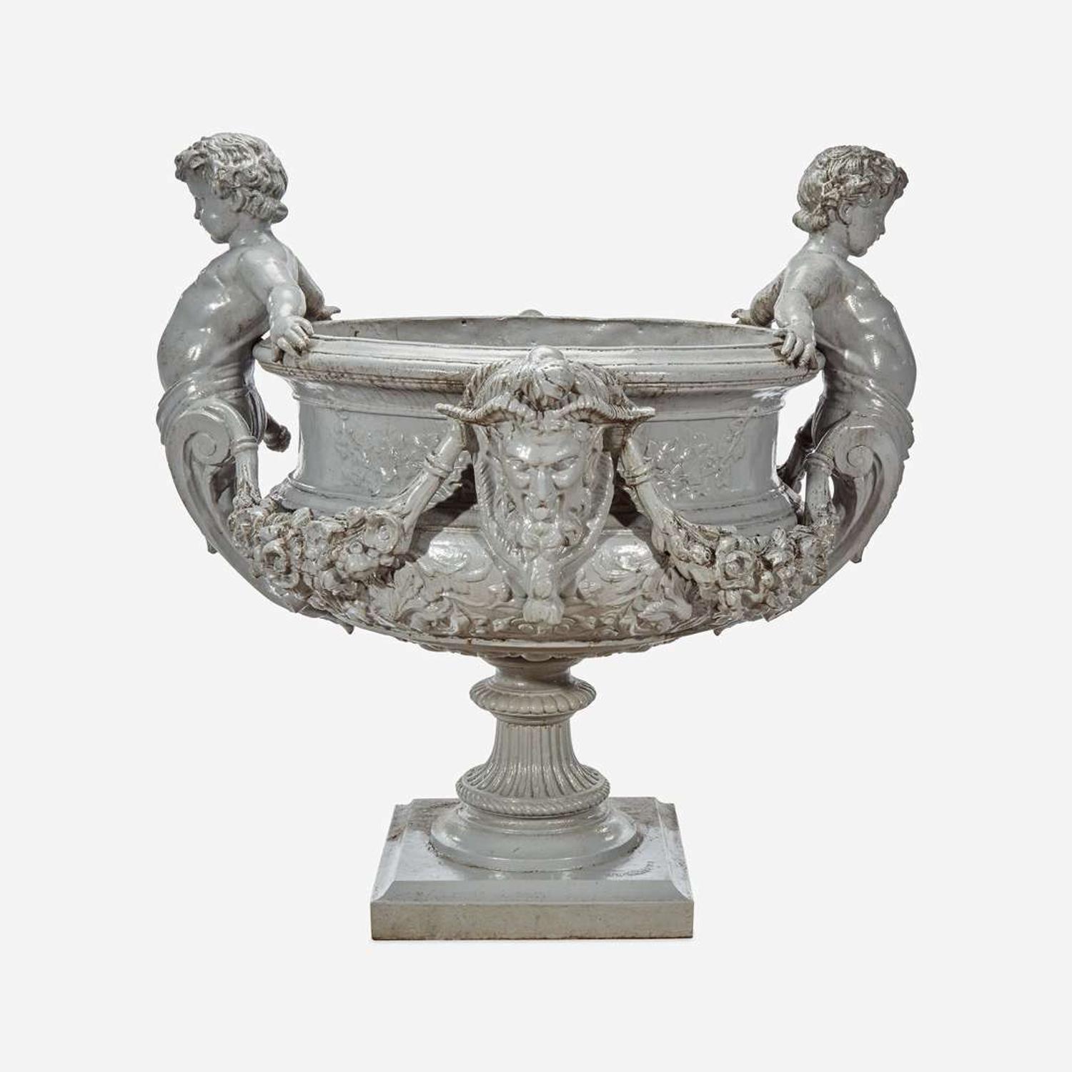 A Large Figural Gray-Painted Cast Zinc Garden Urn J. W. Fiske, New York, late 19th century