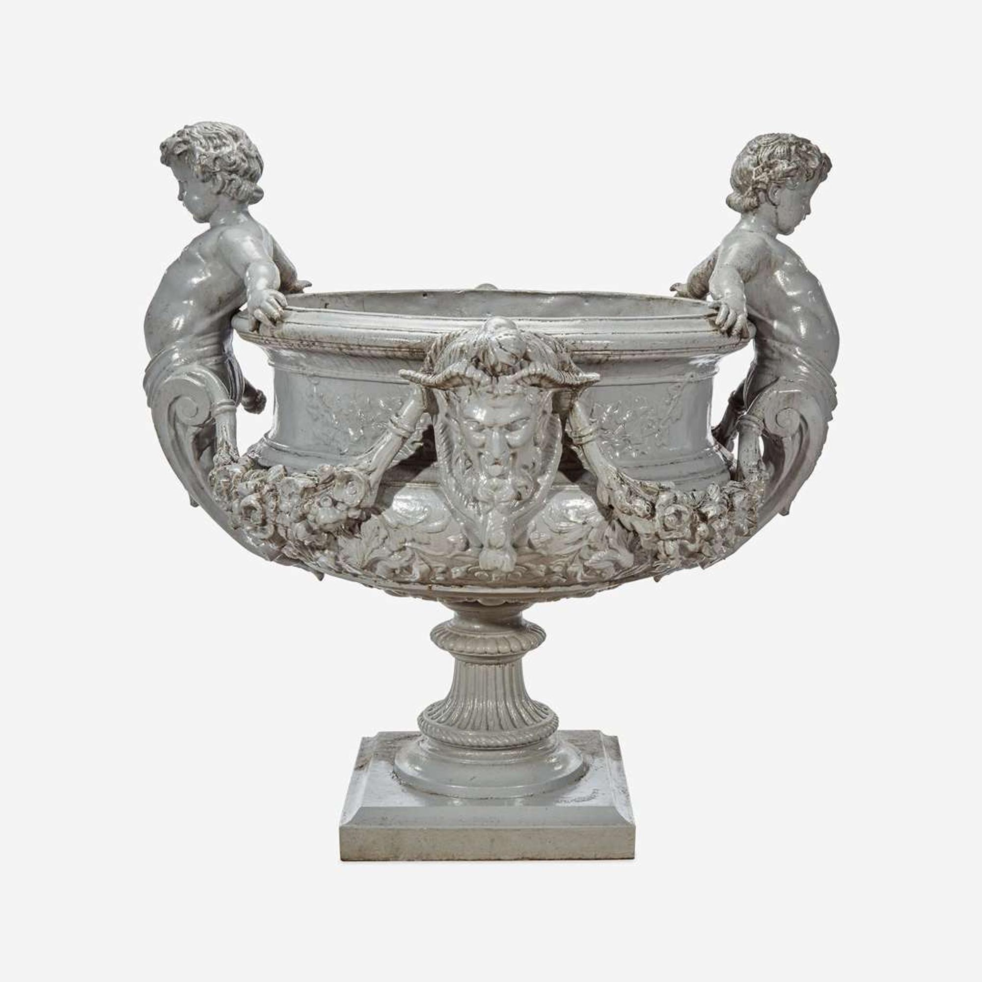 A Large Figural Gray-Painted Cast Zinc Garden Urn J. W. Fiske, New York, late 19th century