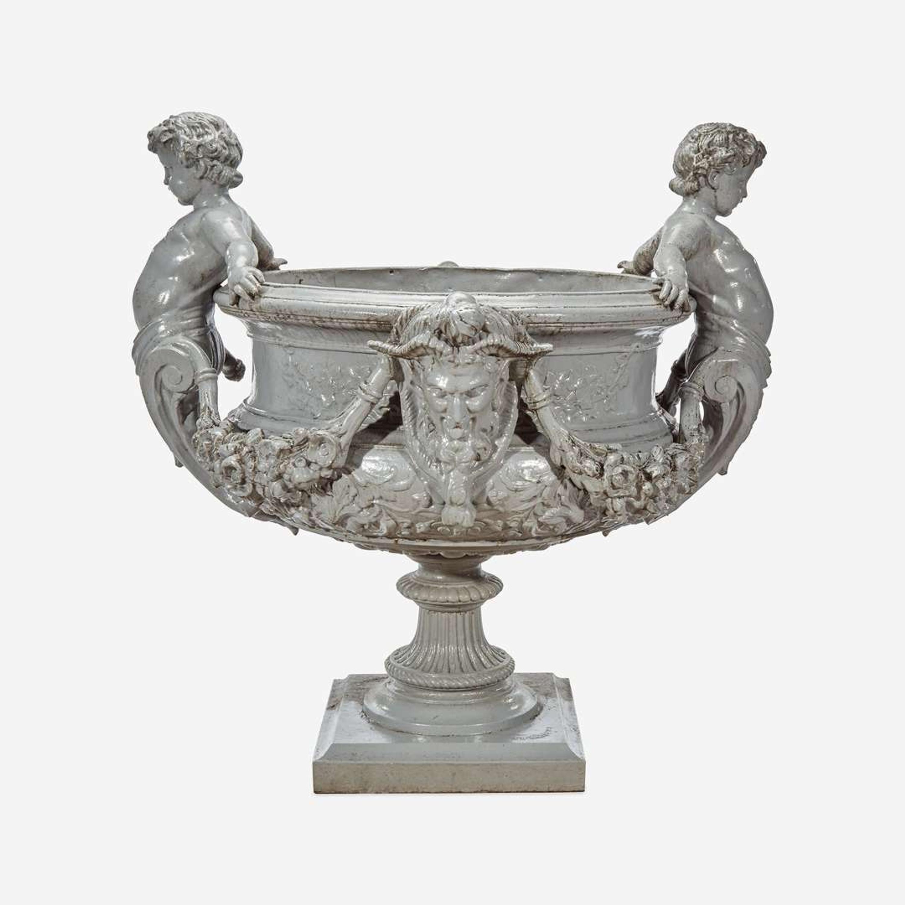 A Large Figural Gray-Painted Cast Zinc Garden Urn J. W. Fiske, New York, late 19th century