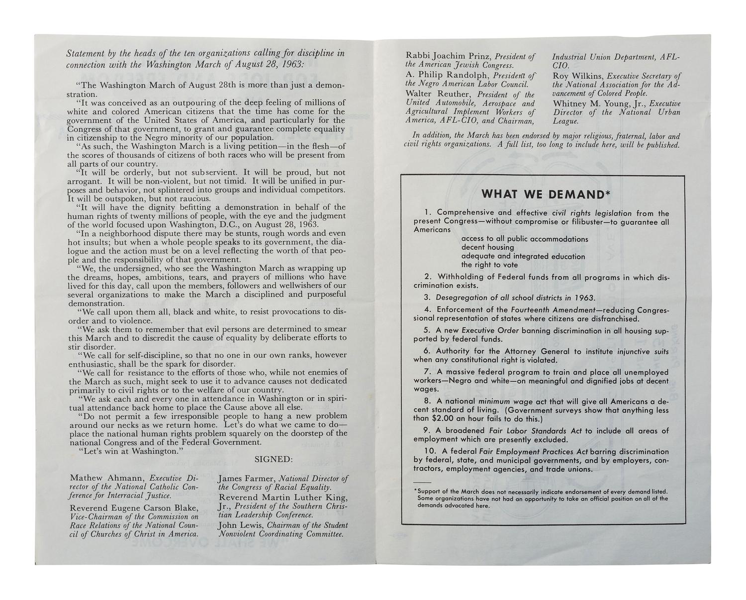 [CIVIL RIGHTS]. March on Washington for Jobs and Freedom, August 28, 1963: Lincoln Memorial Program . [Washington, DC], 1963.