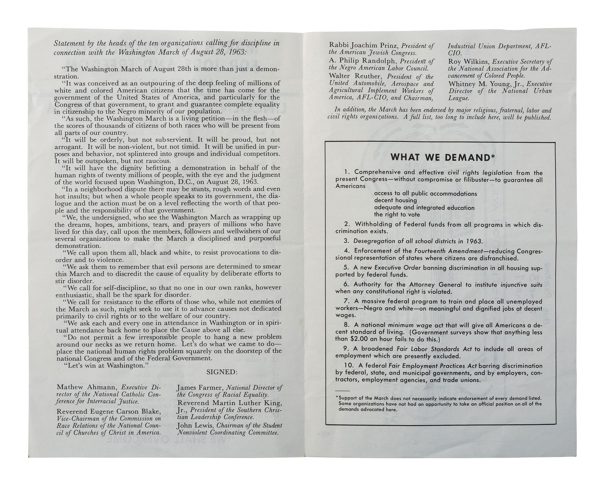 [CIVIL RIGHTS]. March on Washington for Jobs and Freedom, August 28, 1963: Lincoln Memorial Program . [Washington, DC], 1963.