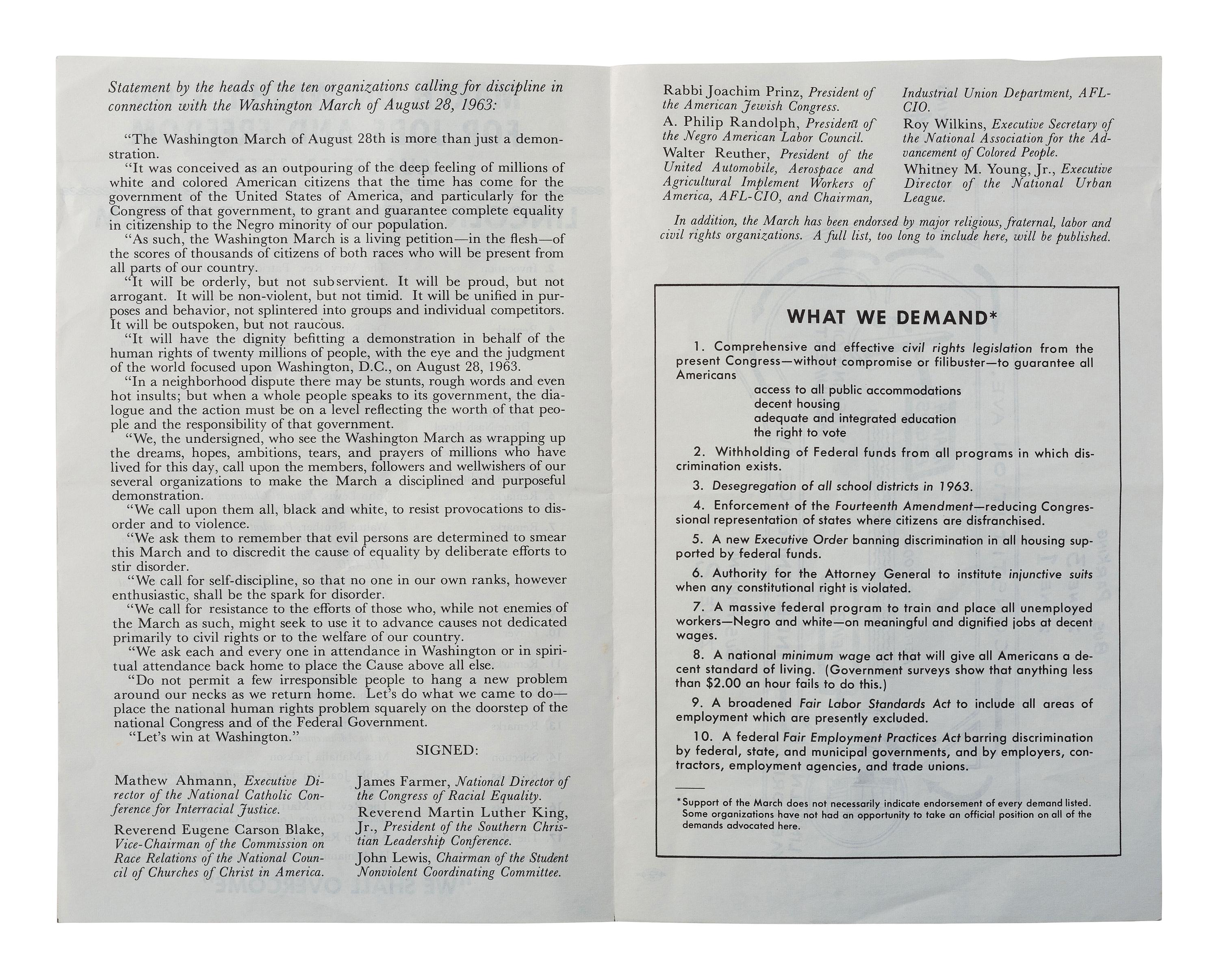 [CIVIL RIGHTS]. March on Washington for Jobs and Freedom, August 28, 1963: Lincoln Memorial Program . [Washington, DC], 1963.